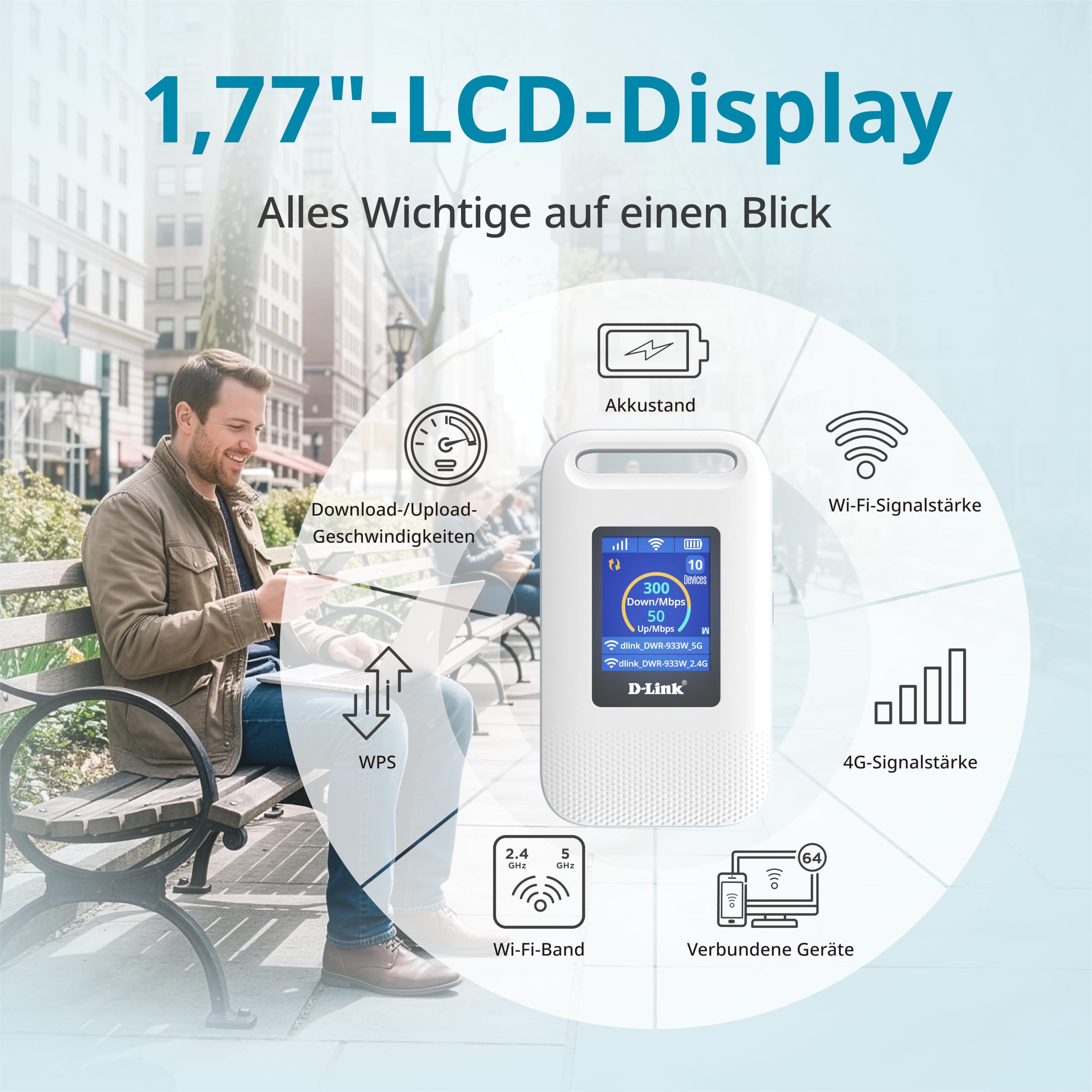 D-Link DWR-933W 4G LTE+ AX600 Wi-Fi 6 Mobiler Hotspot, Tragbarer SIM-Router mit LCD-Display, Dualband WLAN, Verbindung für bis zu 64 Geräte, 3000-mAh-Akku, USB-C