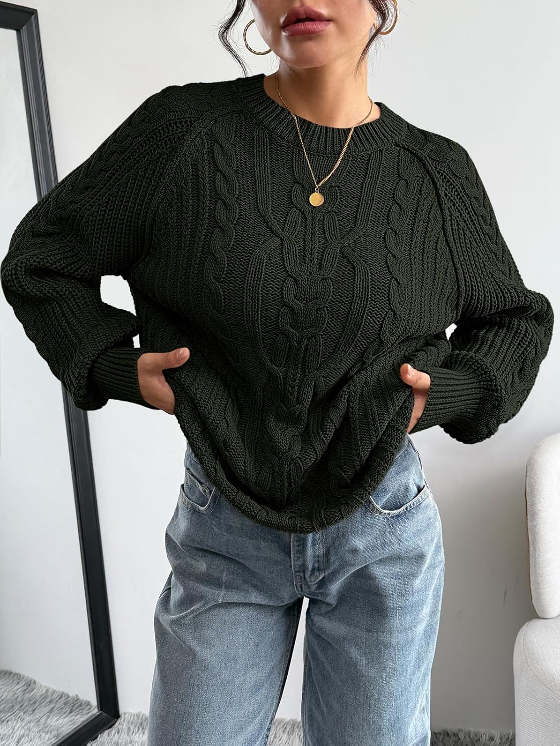 Trendy Queen Women's Oversized Cable Knit Crewneck Fall Pullover Sweaters - Image 5