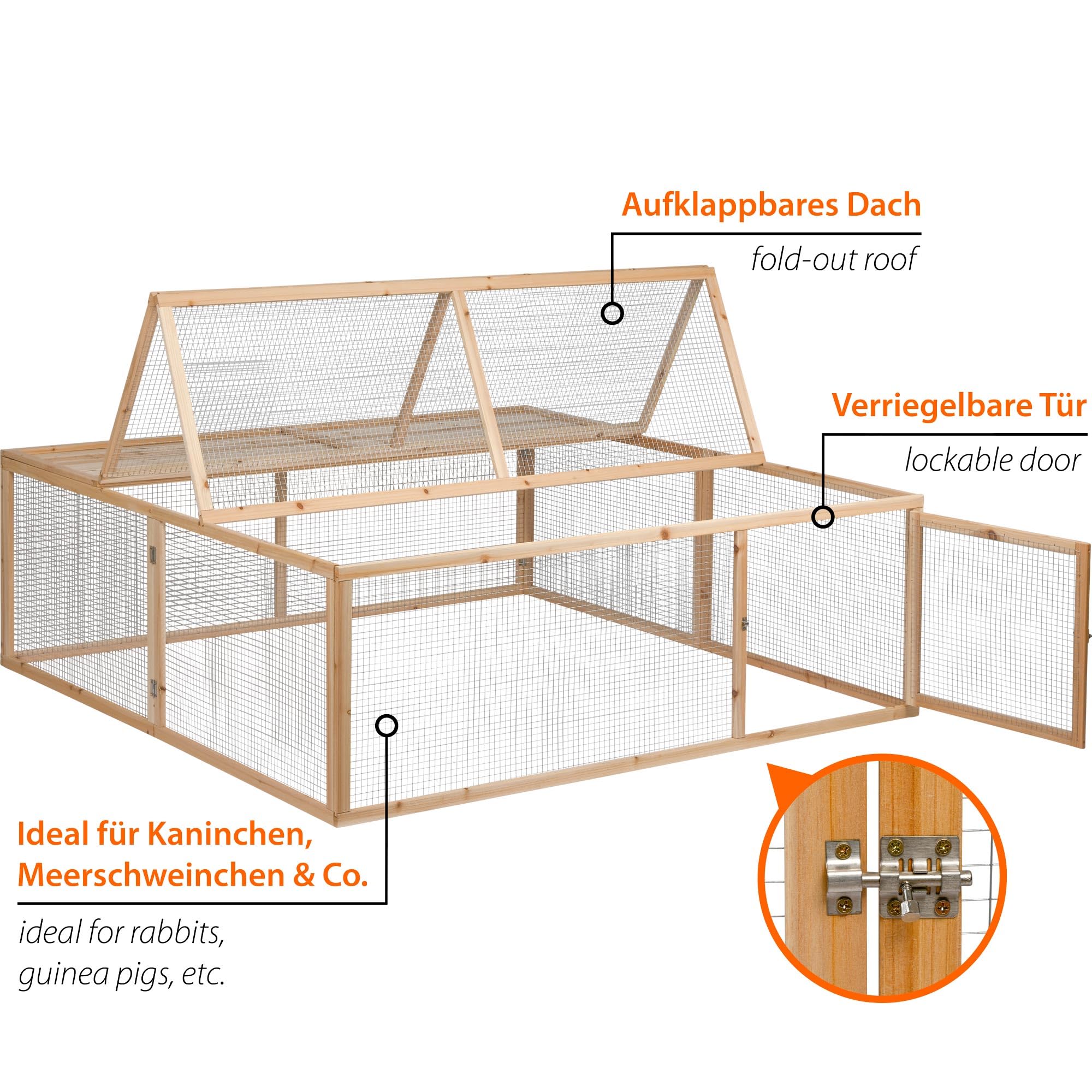 dobar® 23570e Großes Freilaufgehege Massivholz -Aufklappbares Kaninchengehege mit Tür - Außengehege XL für kleine Nager - Quadratischer Freilauf für Kleintiere - 148 x 148 x 50 cm - Natur