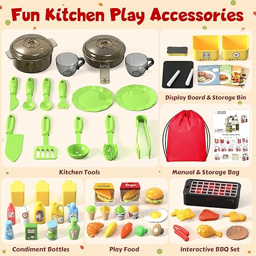 Miniatura 6 de Juego de cocina para niños con luces, sonidos y vapor, juego de cocina grande para niños pequeños con fregadero, parrilla, juegos de comida para