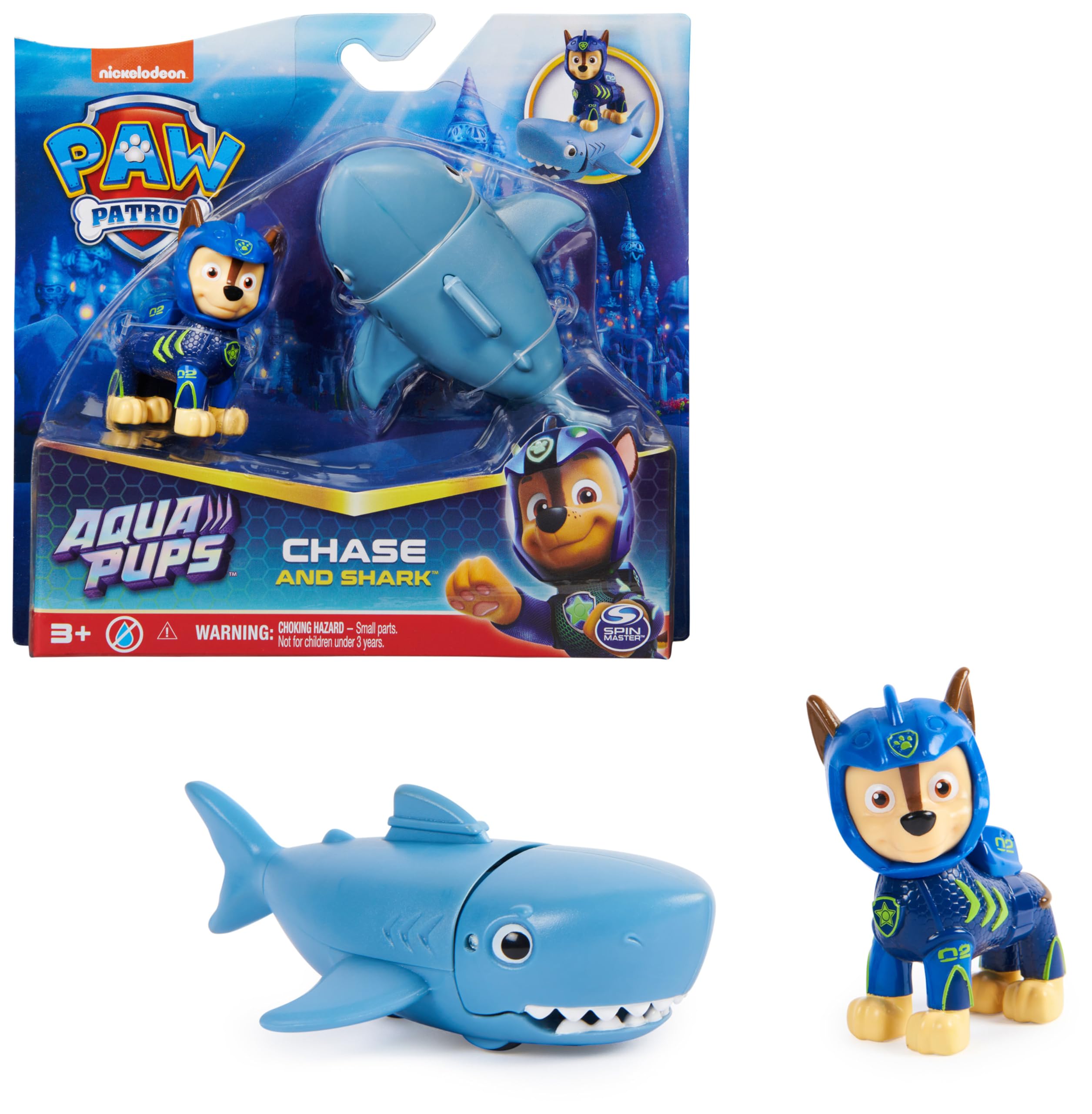 PATRULLA CANINA - AQUA PUPS - JUGUETE DE ACCION LA PATRULLA CANINA - Figura Chase Patrulla Canina y Tiburon - 6066149 - Juguetes Niños 3 Años +