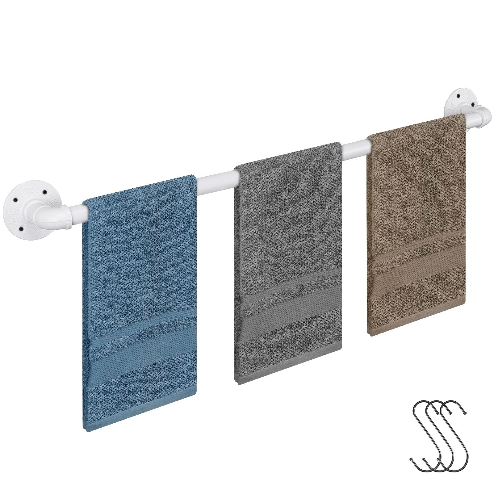 Jeasor Industrial Pipe Towel Rack Towel Bar, Heavy Duty Wall Mounted Rustic Farmhouse Bath Towel Holder for Bathroom (White, 32 inch)