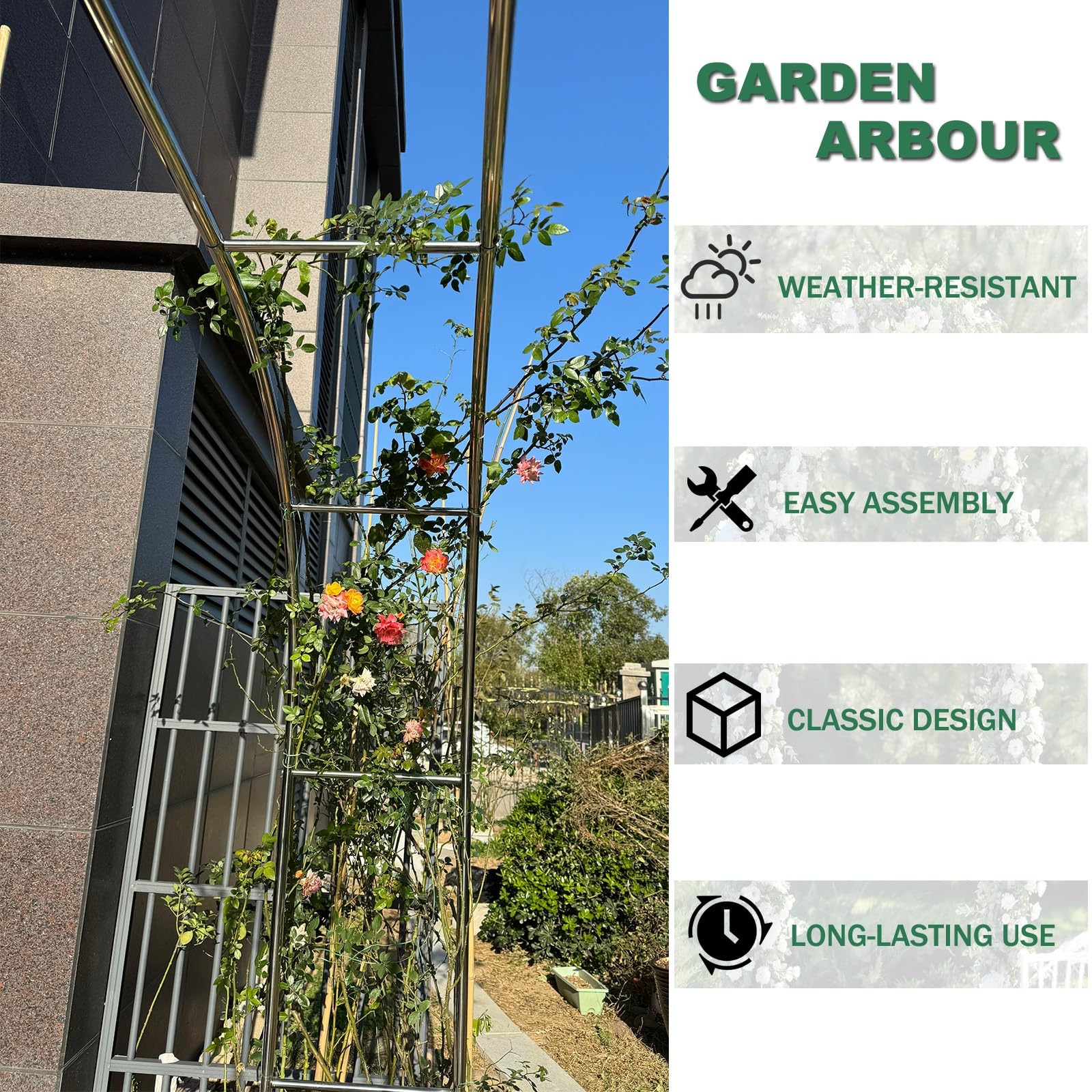 Stahlrahmen, Gartenbogen, Rankgitter für den Außenbereich, Metallbogen mit Rankgitter für Kletterpflanzen, 2,2 m hoch, Gartendekoration (Farbe: Schwarz)