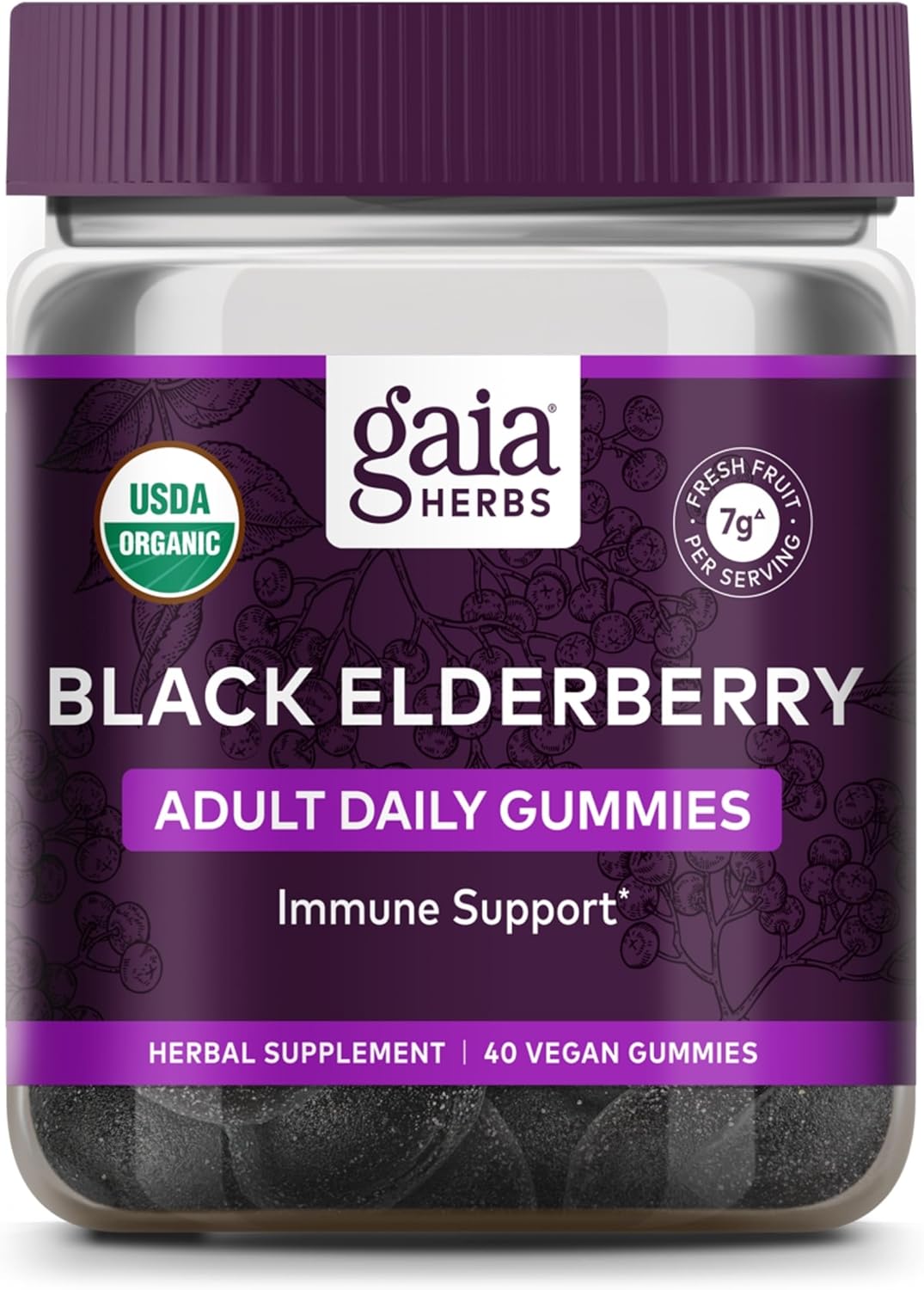 Gaia Herbs Black Elderberry Adult Daily Gummies – Delicious Immune Support Supplement – Made with Certified Organic Black Elderberries for Immune System Support, 40 Gummies (20-Day Supply)