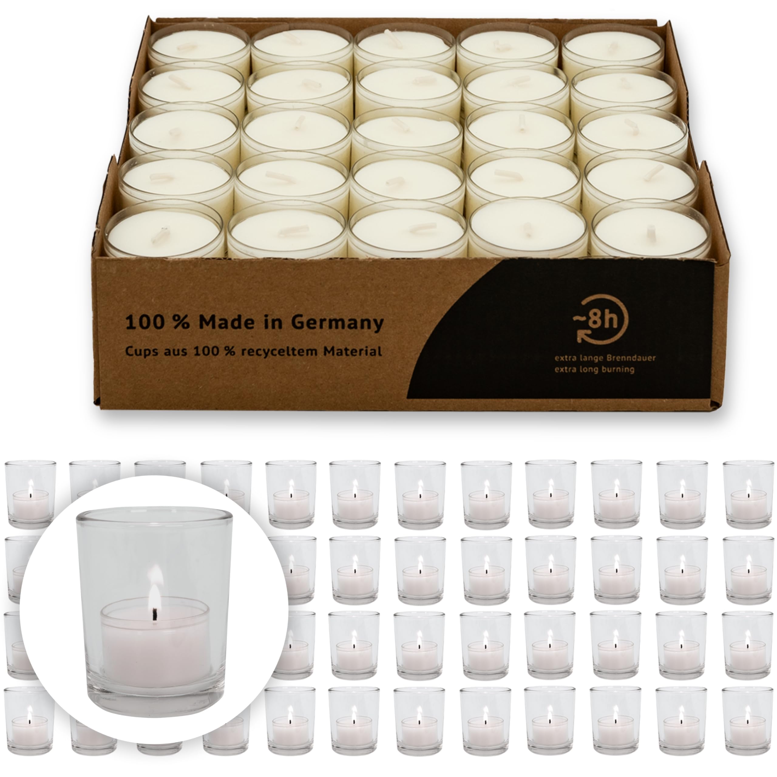 Teelichtgläser Set inkl. 50er Pack 8h Teelichter. Robuste Windlichter – Spülmaschinenfeste Tischdeko für Hochzeit, Gastronomie & Events Ø 5,5cm Gläser (48 Glashalter + 50 Teelichter)