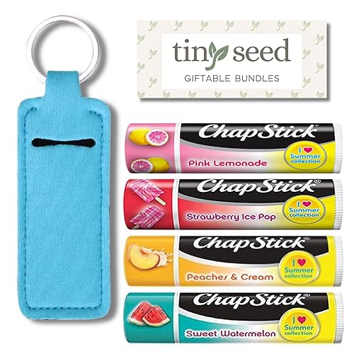 Juego de 4 Chapsticks fresa Ice Pop, limonada rosa, melocotones y crema, sandía dulce. Edición limitada de Chapstick I Love Summer Collection.