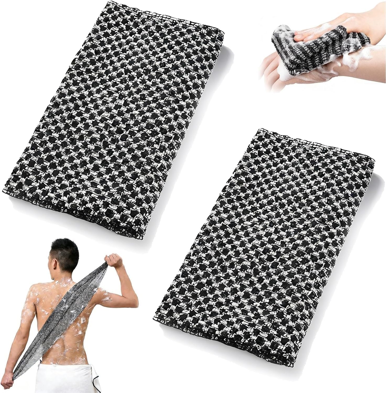 Serviette De Douche Exfoliante en Fibres De Bambou et Charbon Actif, Serviette Exfoliante Japonaise Exfoliation Douce, SéChage Rapide, Usage Quotidien pour Le Dos (Noir-3pcs) - 1