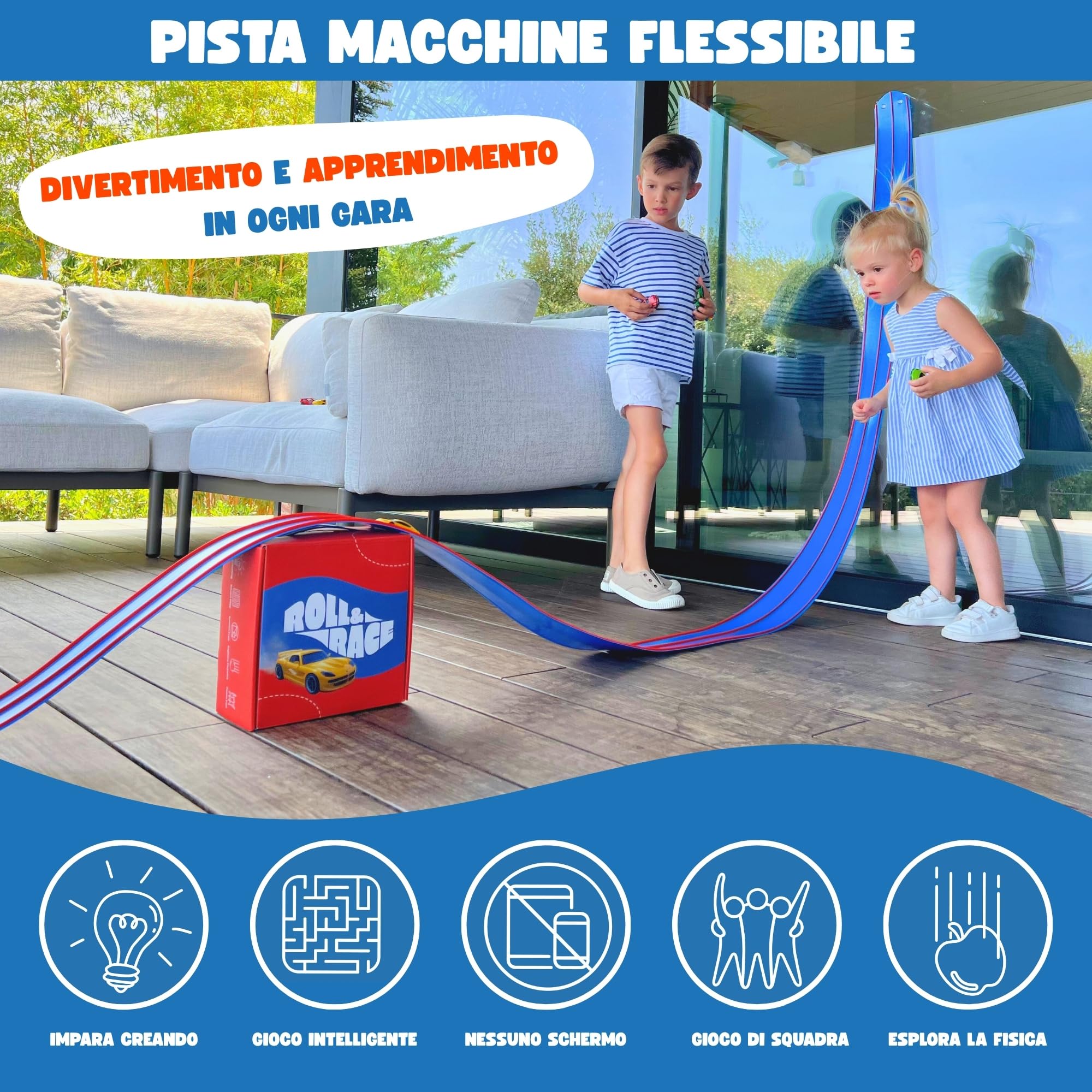 RollAndRace Pista Macchine Flessibile 400cm - Made in EU - Flexible Car Track - Gioco Bambino - Piste Car Wheels - Circuito di Corse per Bambini - Astuccio per il trasporto incluso