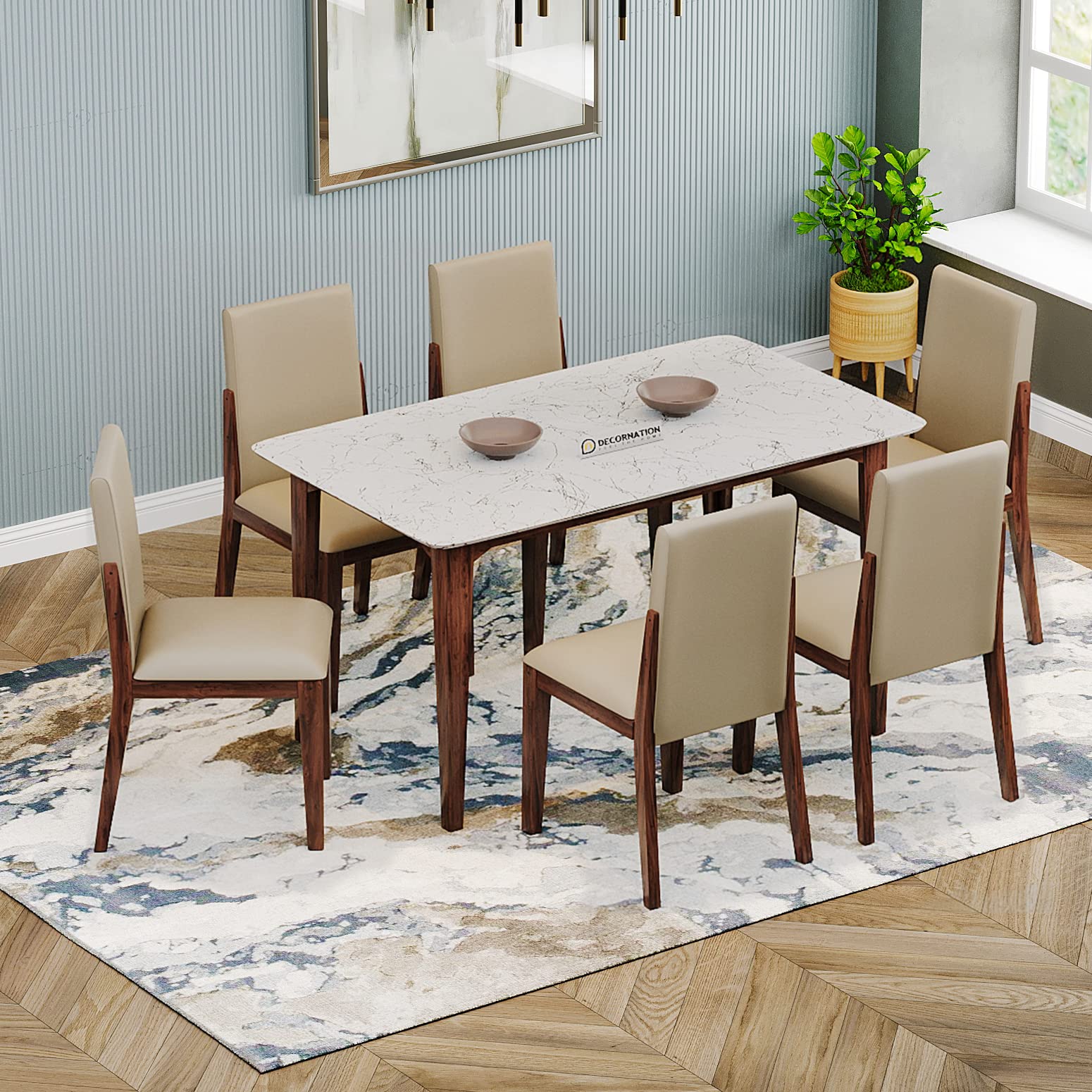 DecorNation Italiana Solid Wood 6 Seater Dining Room Set for Home, Living Room- Dining Table with Six Cushioned Chairs (White)-image-18