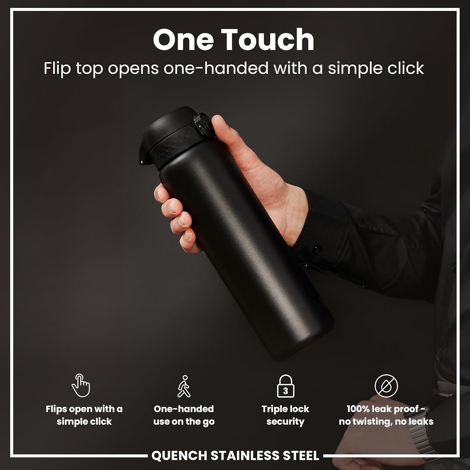 Ion8 1 Litre Stainless Steel Water Bottle, Leak Proof, Easy to Open, Secure Lock, Dishwasher Safe, Carry Handle, Hygienic Flip Cover, Easy Clean, Durable, Scratch Resistant, 1200 ml/40 oz, Black - Image 3