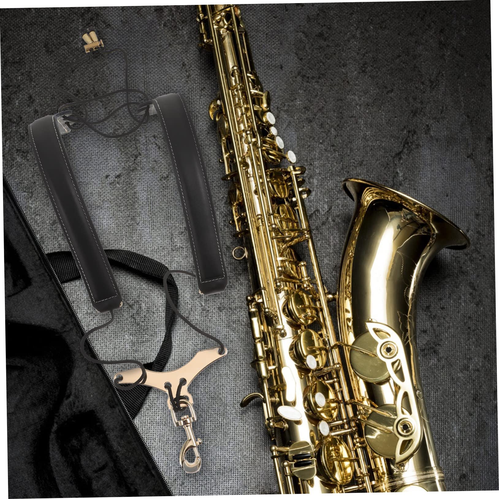 Abaodam Harnais de Saxophone Confortable Noir à 2 Bretelles, Cuir de Vache et Métal Soulage la Nuque pour Alto, Ténor et Soprano