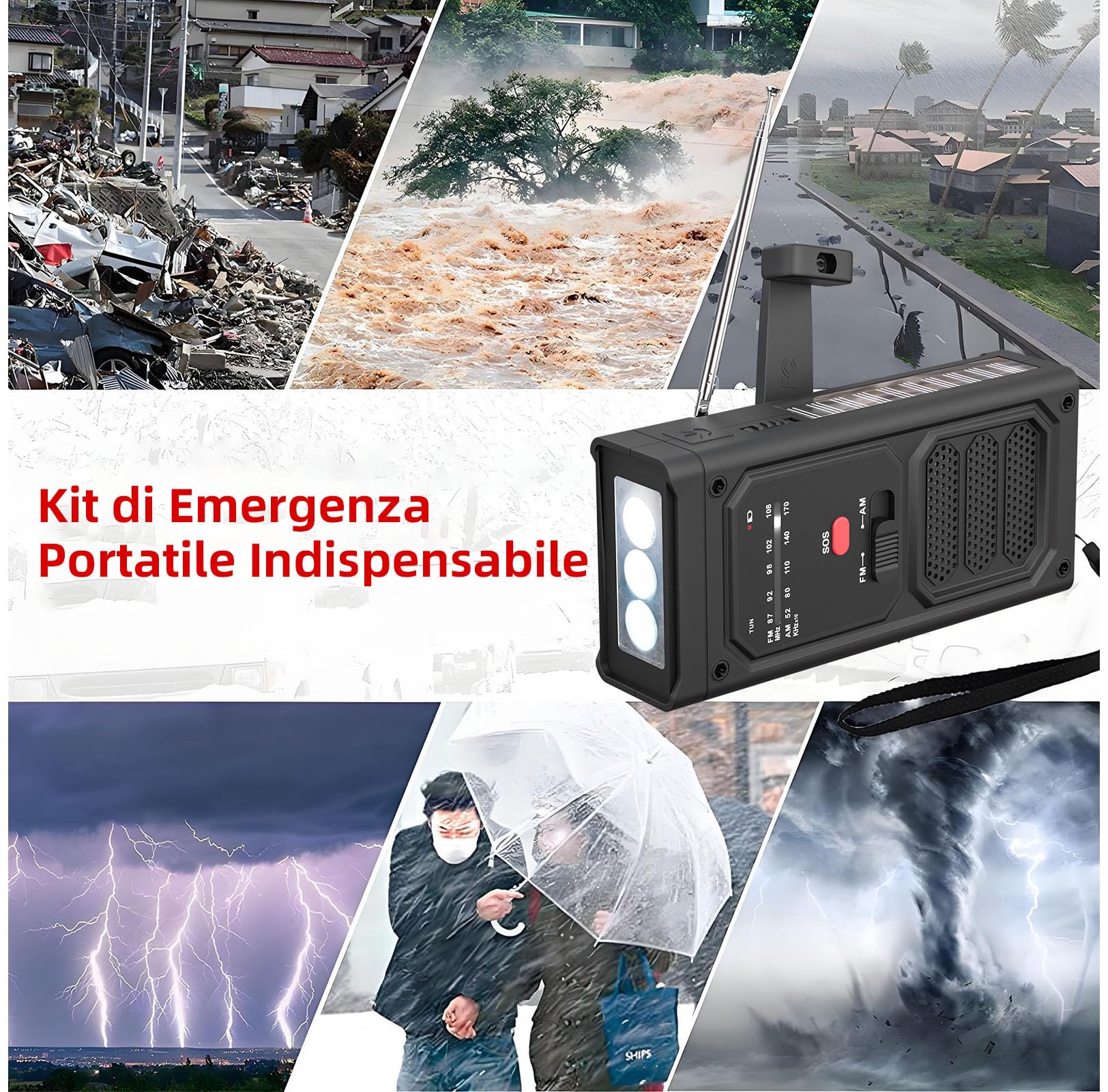 Radiolina a Manovella, AM/FM Solar Raio con Torcia LED, Allarme SOS, Radio di Emergenza Portatile con Batteria Ricaricabile da 2000 mAh per Ourdoor Campeggio Emergenza, Nero