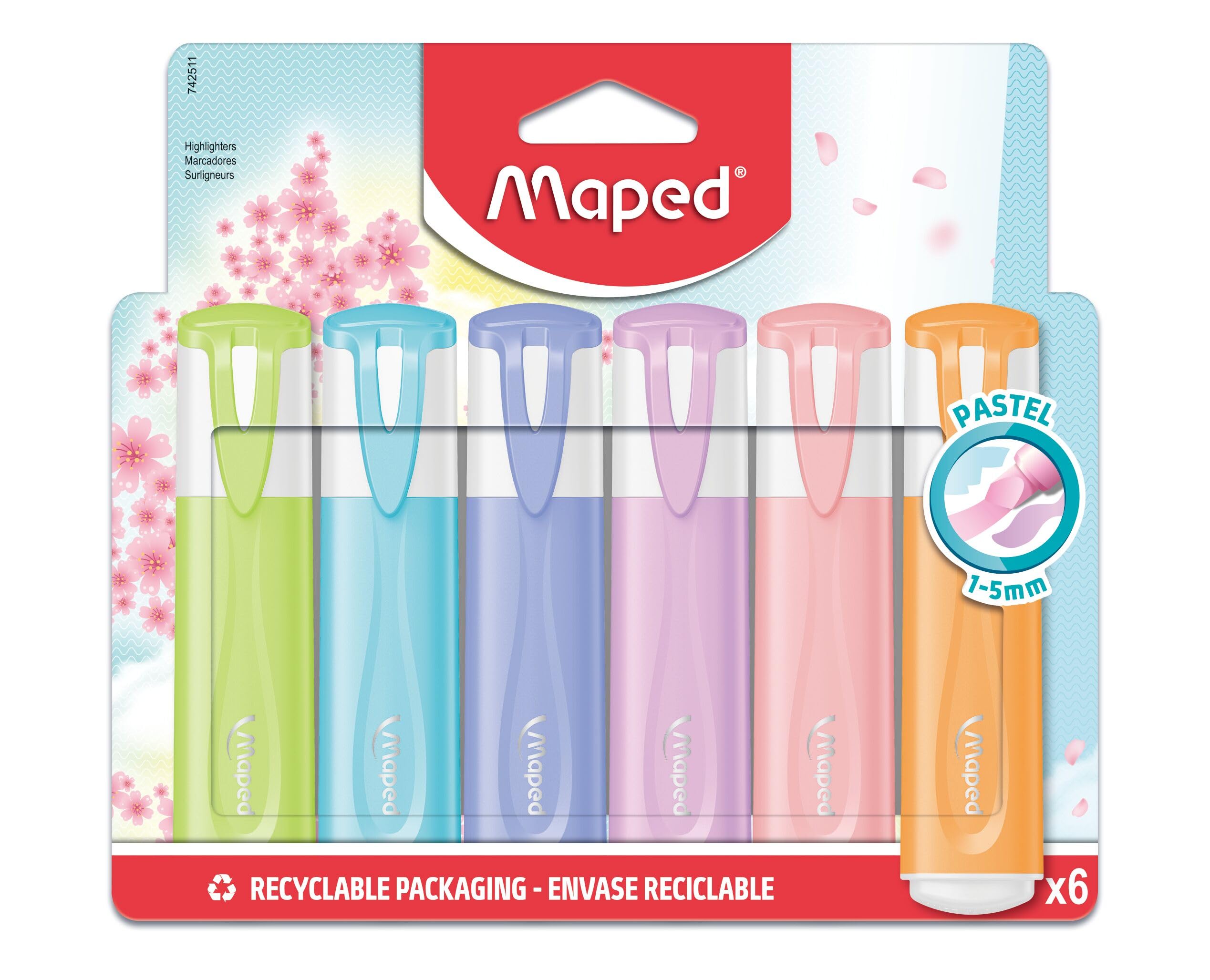 Maped - Fluo Peps New Pastel Highlighters - 6 Highlighters in Various Light Pastel Shades