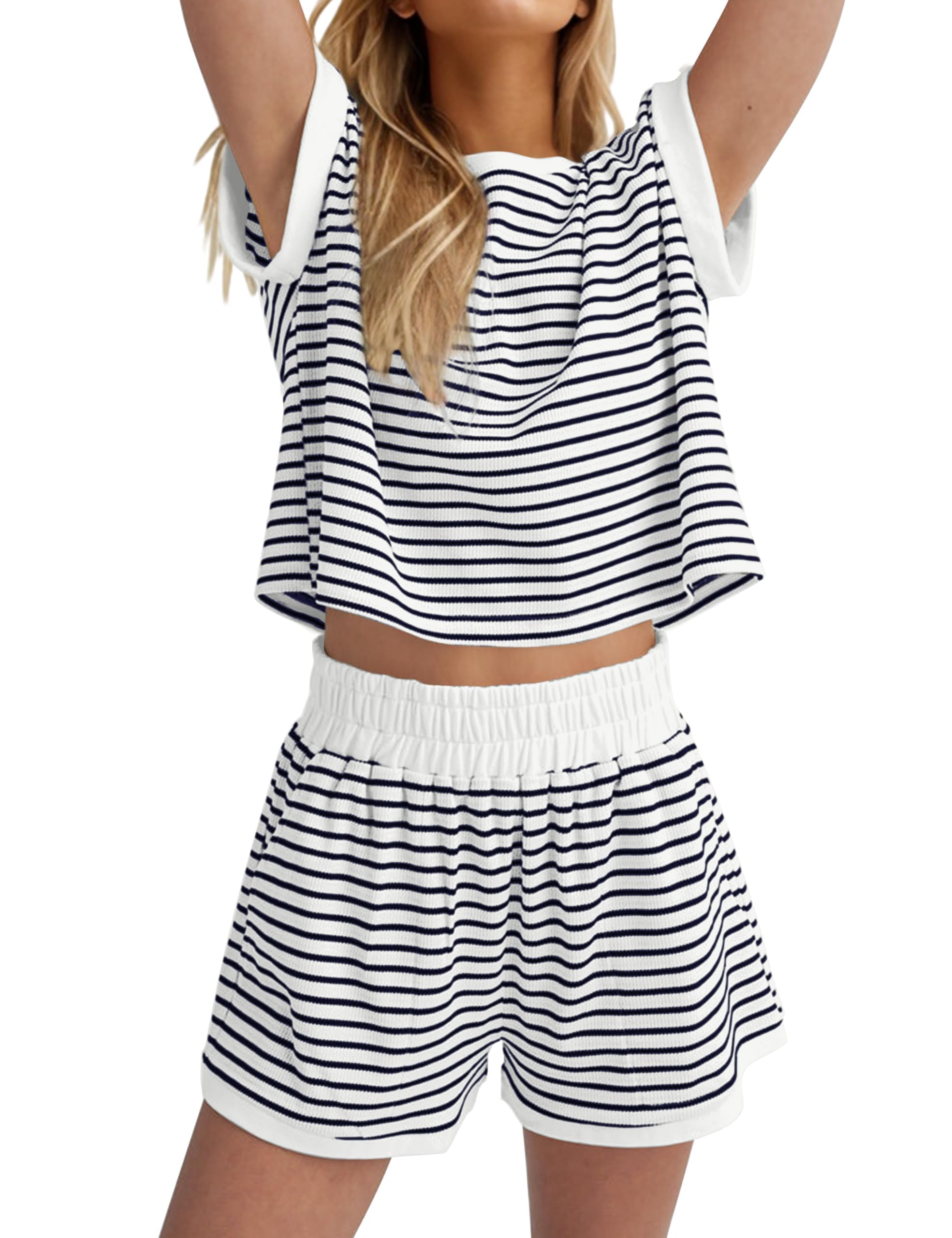 Burtell Women Summer 2 Piece Lounge Sets Striped Short Sleeve Tee Shirts Mini Shorts Loungewear Shorts Set Ribbed Pajama Set