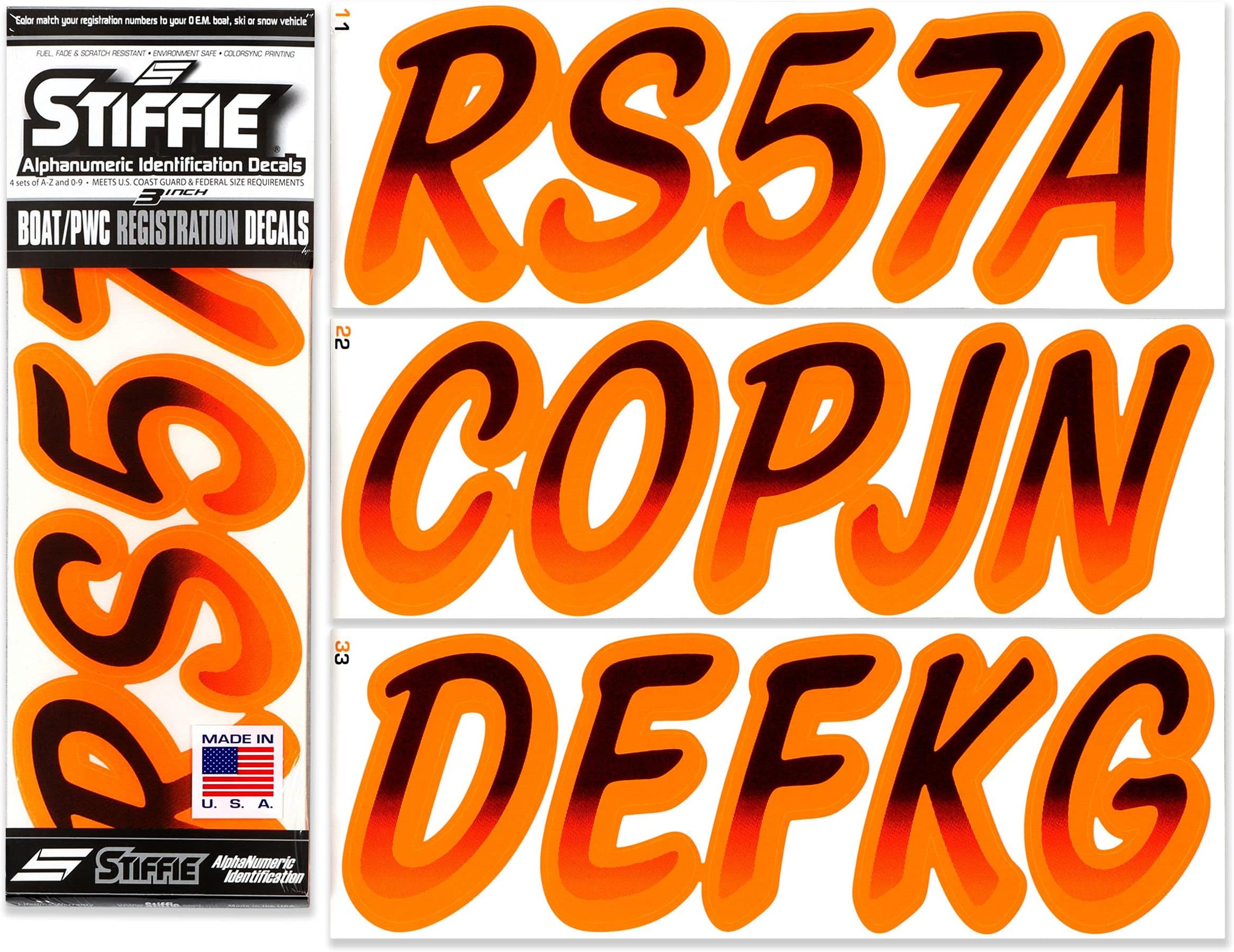 STIFFIE Whipline Black/Electric Orange 3" Boat & PWC Registration Decals • Numbers Letters Stickers
