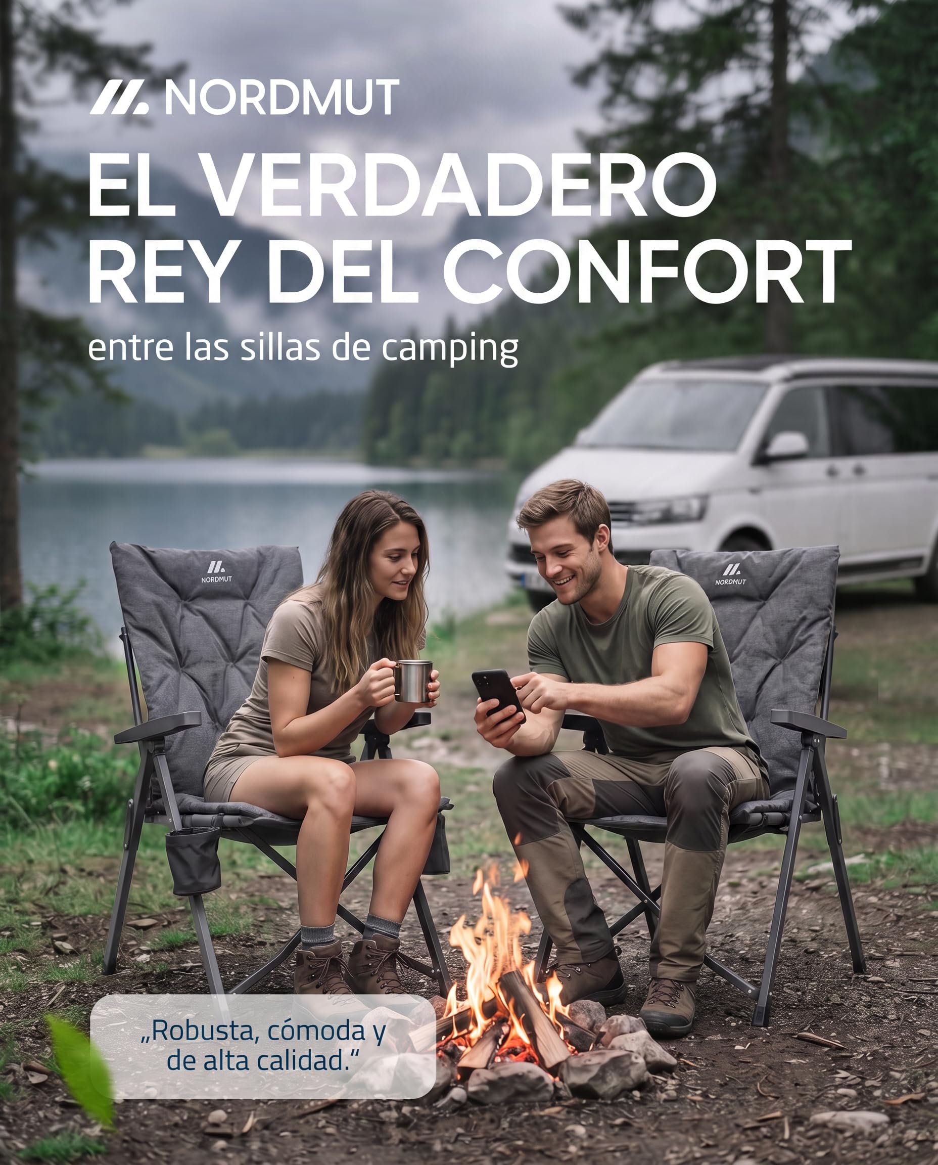 NORDMUT® Silla de Camping Premium Plegable con Respaldo Alto – Ajustable en 4 Posiciones – Cómoda Silla de jardín con Capacidad de 140 kg para Camping y Outdoor (Gris Ceniza 1x)