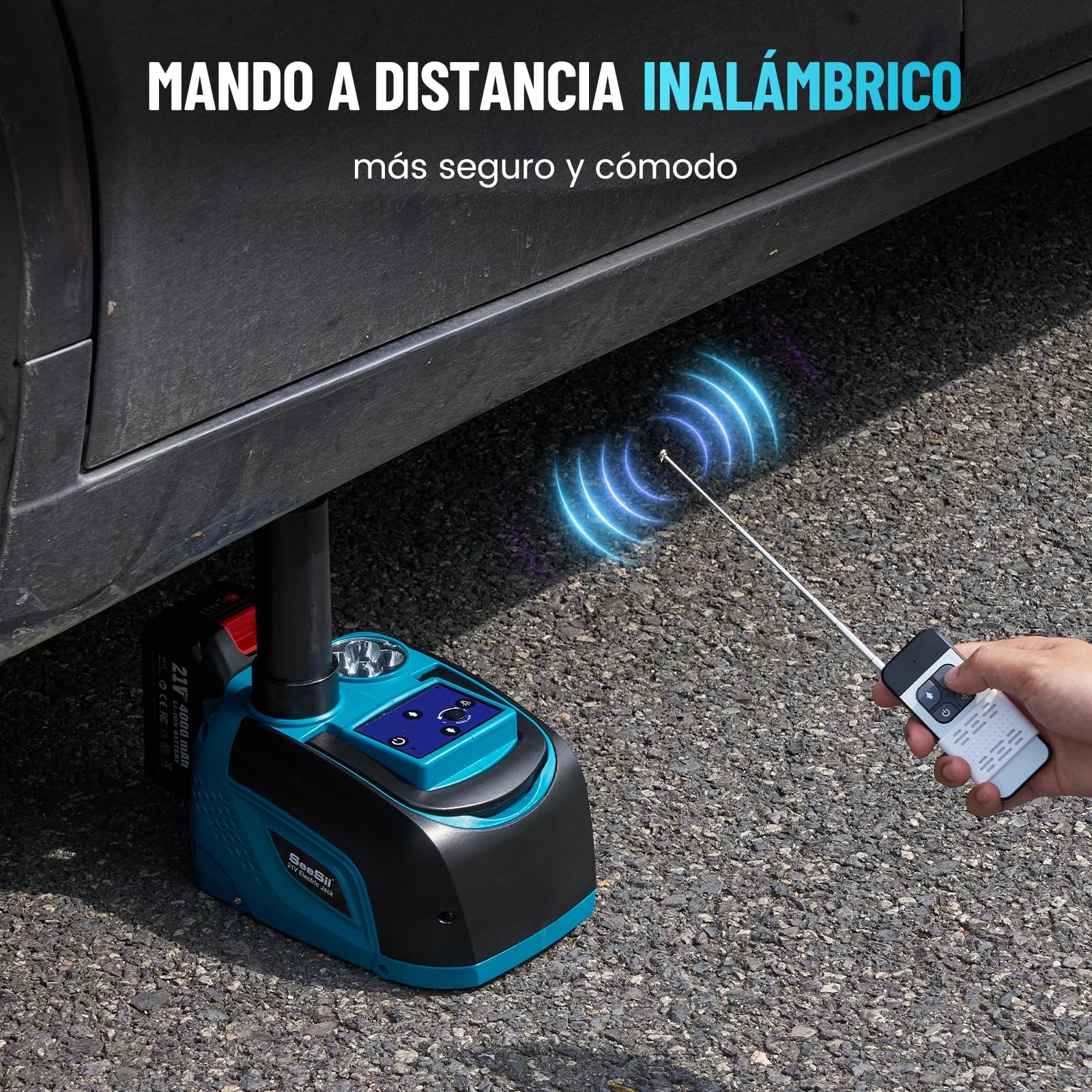 Seesii Gato Hidráulico Eléctrico 5T con Batería 21V 4.0Ah, Kit Cambiar Neumáticos Coche Inalámbrico, Gato Elevador para SUV Camioneta MPV, Altura 15-45cm con Cargador y Luz LED