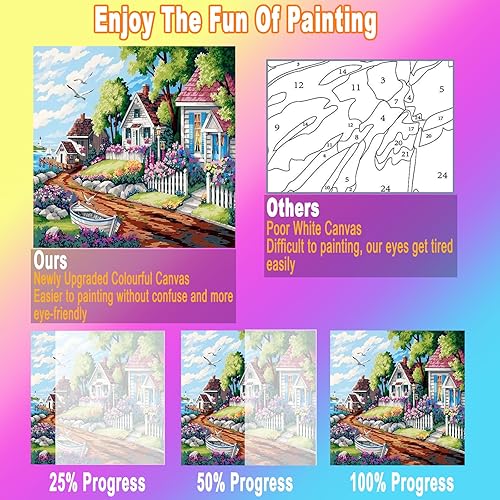 Miniatura 5 de CIBIKO Pintura por números sobre lienzo, kits de pintura al óleo coloridos para adultos, familia, sin marco, a prueba de agua, casas de árboles