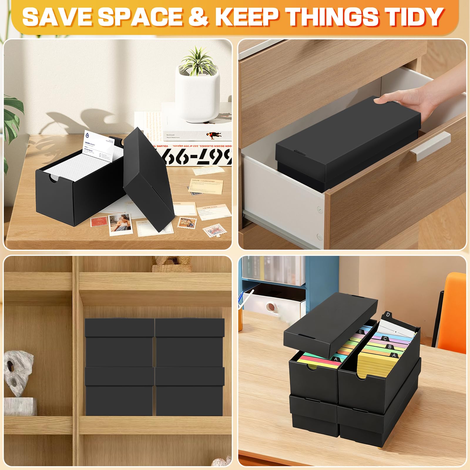4 Pz Scatola per flashcards A8, per 52×74mm flash cards, Capacità 980 Schede, Indice Card Box Nera per Apprendimento Note, Ricette, Organizzazione e Revisione a Casa Scuola Ufficio