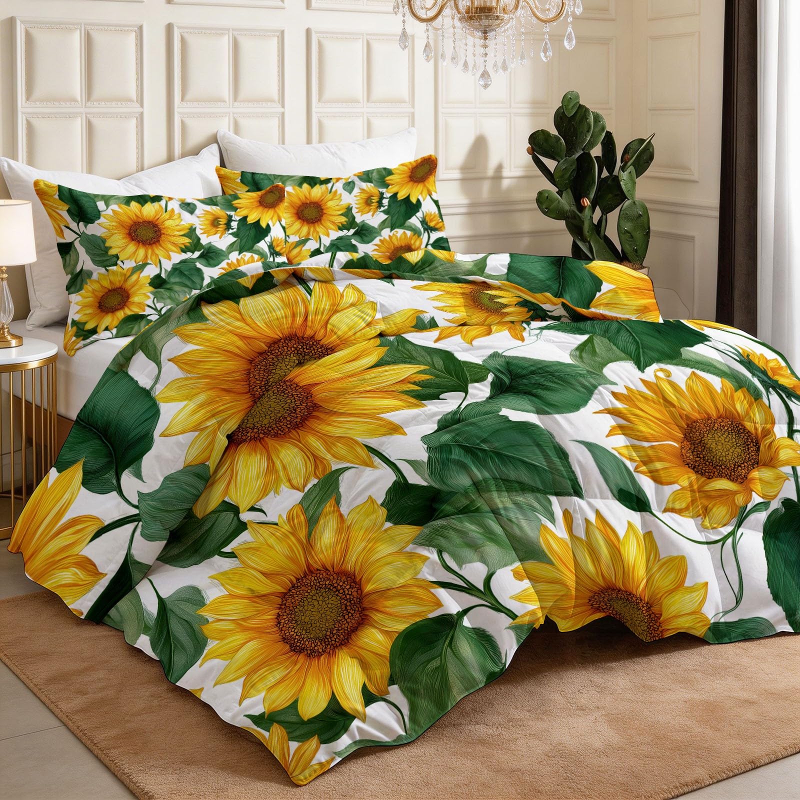 Générique Piumino morbido e caldo, bianco, 220 x 240 cm, botanico floreale girasole trapunte 4 stagioni, 2 persone, Edredon con 2 federe, reversibile, piumino senza federa