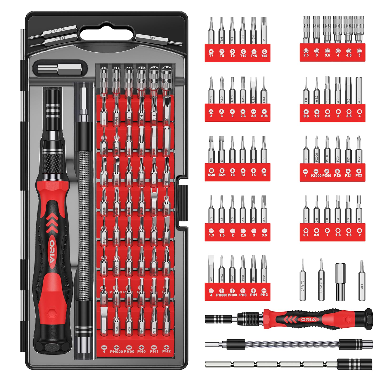 ORIAPrecision Screwdriver Kit, Mini Screwdriver Set, 61 in 1 with 57 Bits Repair Tools with Flexible Shaft, Extension Rod for Mobile Phone, Smartphone, Tablet, PC, Red