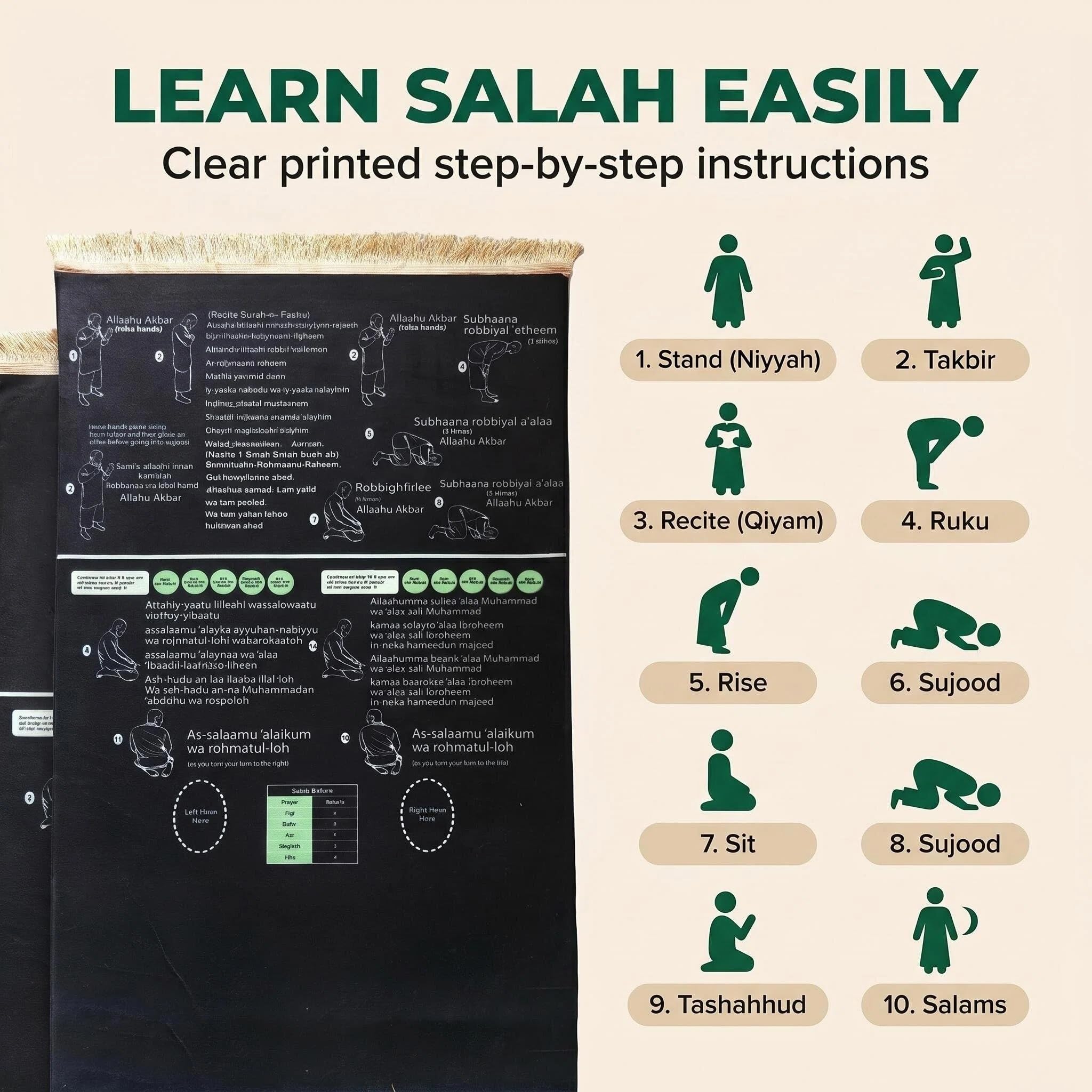 Tapis de prière musulman interactif guidé – Instructions étape par étape (français non garanti) d'apprentissage de la salah Janamaz, tapis de prière éducatif antidérapant pour enfants et