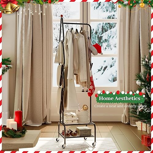 Vista 7 de Perchero de metal para ropa con ruedas y estantes, estantes de ropa portátiles rodantes para colgar ropa, solución de almacenamiento independiente
