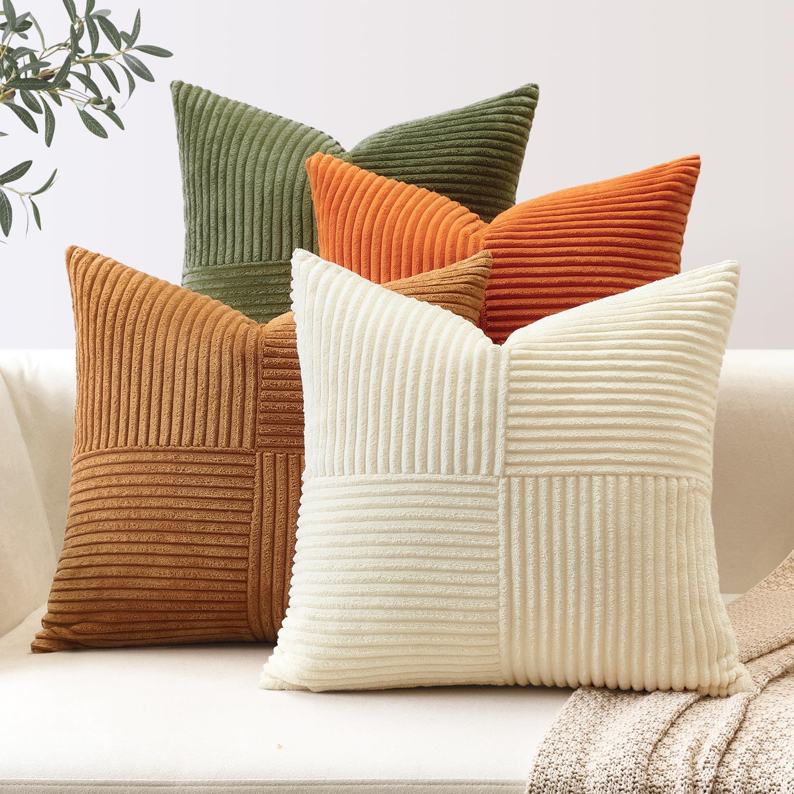 Sungeek Set of 4 Decorative Cushion Covers Soft Striped Corduroy Boho Square Throw Pillow Cases Fall Mix and Match Home Decor for Sofa Couch Living Room Bedroom Farmhouse 50x50cm, Rust Olive-Green — image 1