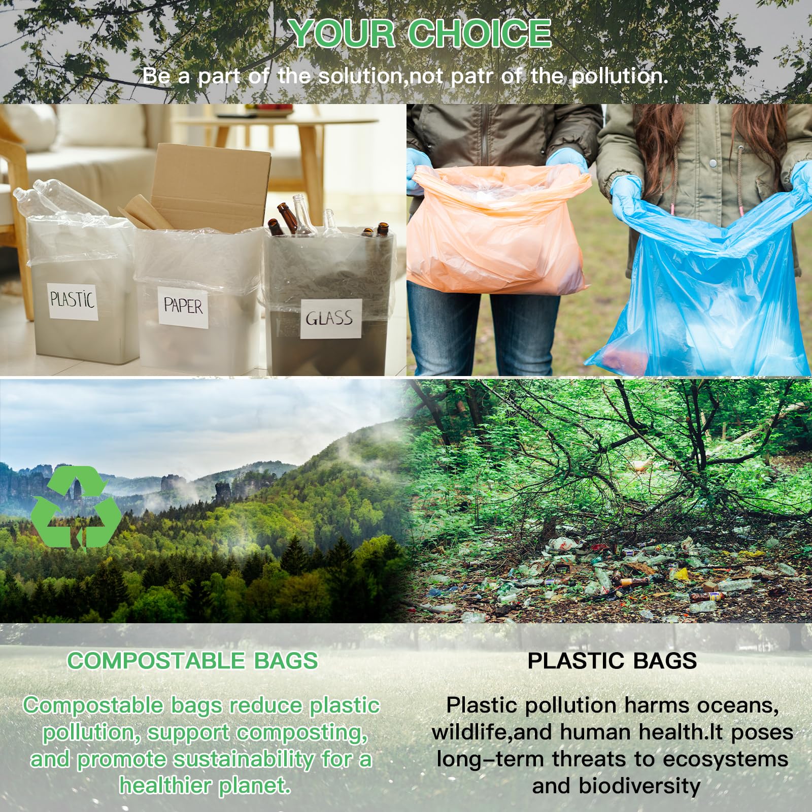 Bolsas de basura medianas compostables de 8 galones, 100 unidades, color blanco transparente, sin perfume, biodegradables, gruesas, resistentes, compactadoras, para baño, baño Inwaysin