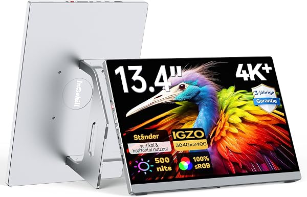 Intehill 4K Tragbarer Monitor 13,4 Zoll UHD 500 nits, IGZO-Panel 16:10 3840x2400, Dual-USB-C & HDMI, leichtes Aluminiumgehäuse nur 680g mit Standfuß - U13ZC