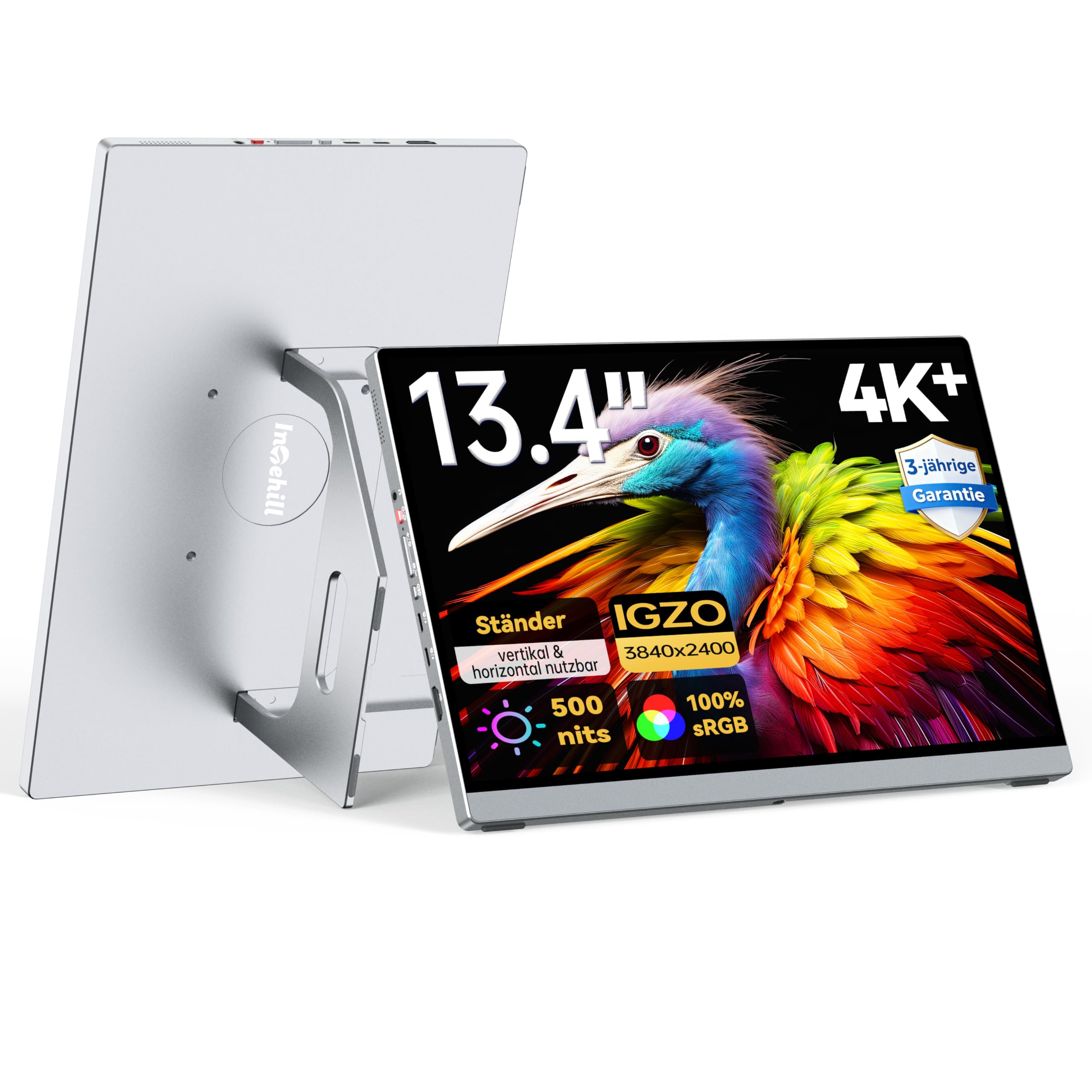 Intehill 4K Tragbarer Monitor 13,4 Zoll UHD 500 nits, IGZO-Panel 16:10 3840x2400, Dual-USB-C & HDMI, leichtes Aluminiumgehäuse nur 680g mit Standfuß - U13ZC