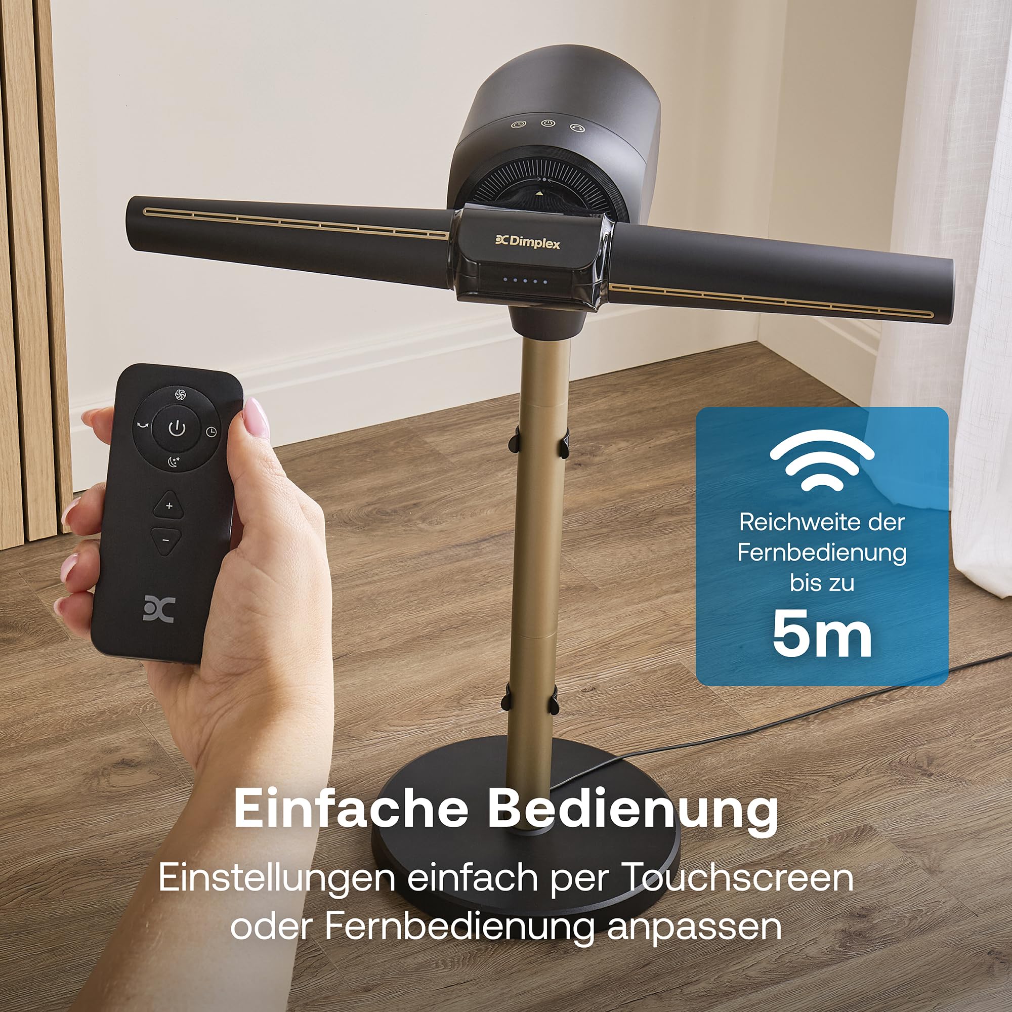 DIMPLEX FlexBlade Flügelloser Standventilator, Zwei-Wege-Kühlung 2×180°, Oszillierend 90°, 20m Reichweite, 36dB, Magnetische Fernbedienung, 5 Geschwindigkeitsstufen