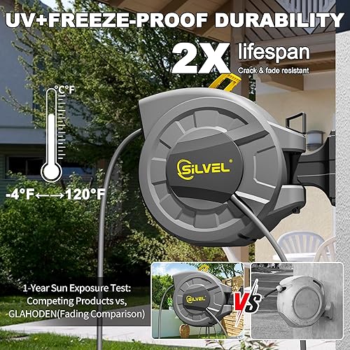Miniatura 4 de SILVEL Carrete de manguera de jardín retráctil de 12 pulgada x 110 pies, resistente a los rayos UV, soporte de pared automático resistente con