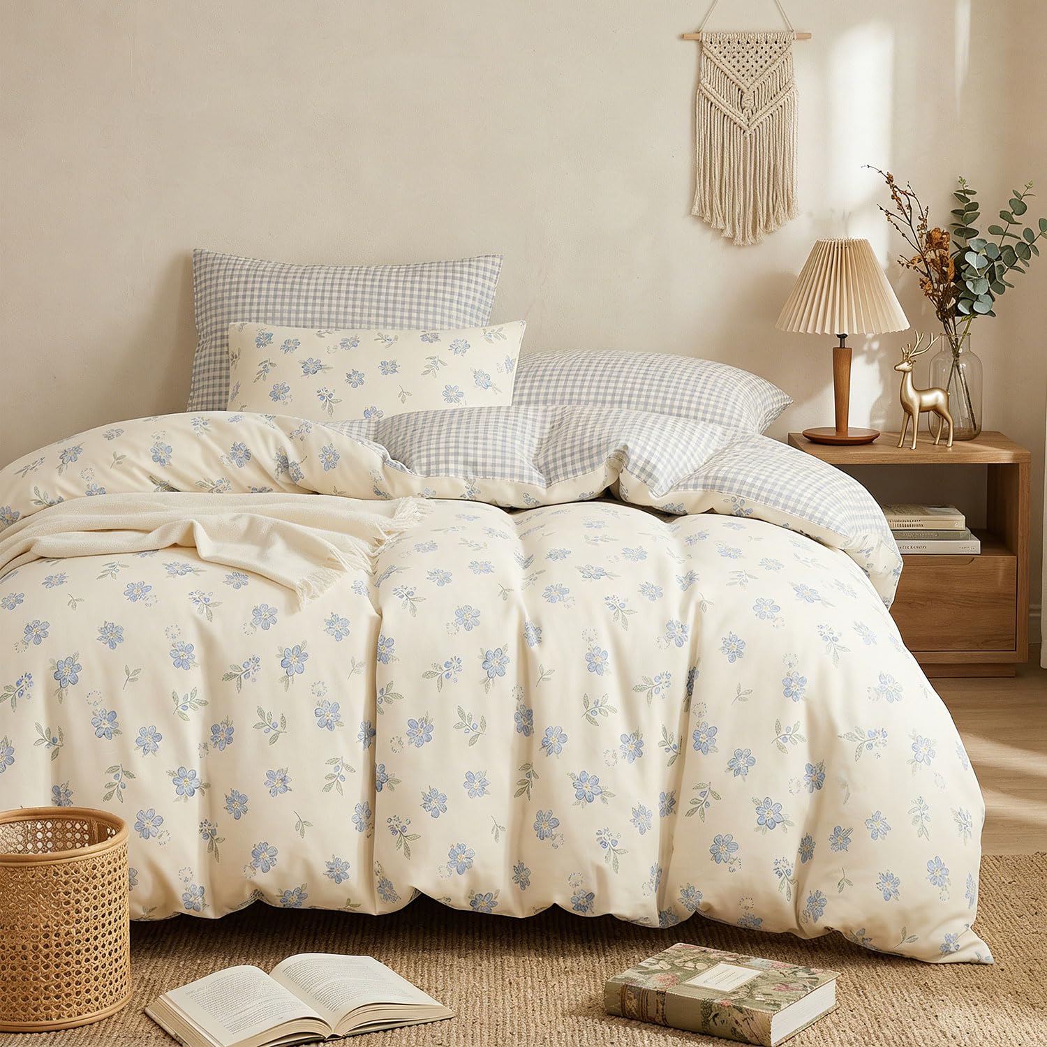 Sedefen Housse de Couette 240x260 Motif Feuilles + 2 Taies d'oreiller 65x65 cm,Vichy Bleu Beige Fleur Parure de lit Adulte 2 Personnes Linge de Lit en Microfibre avec Fermeture Éclair
