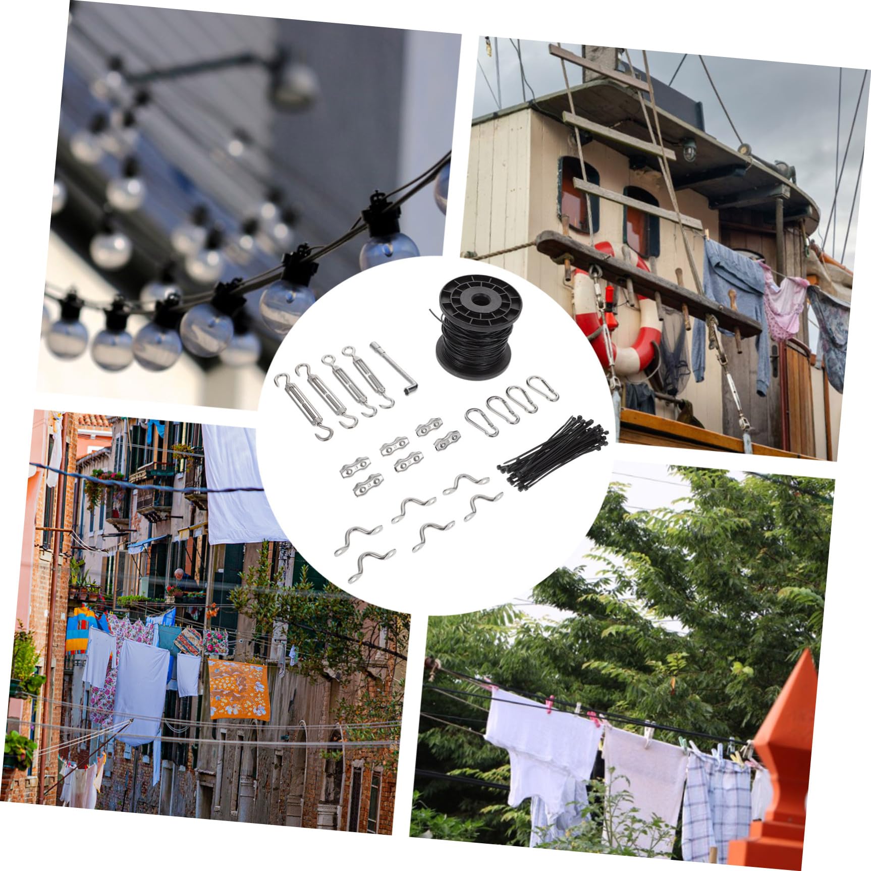 Lichterketten Aufhängeset 1 Satz Edelstahl mit Spannschraube Schwarz | Pvc Ummantelung, Korrosions und Rostbeständig, für Deckseilgeländer und Wäscheleinen