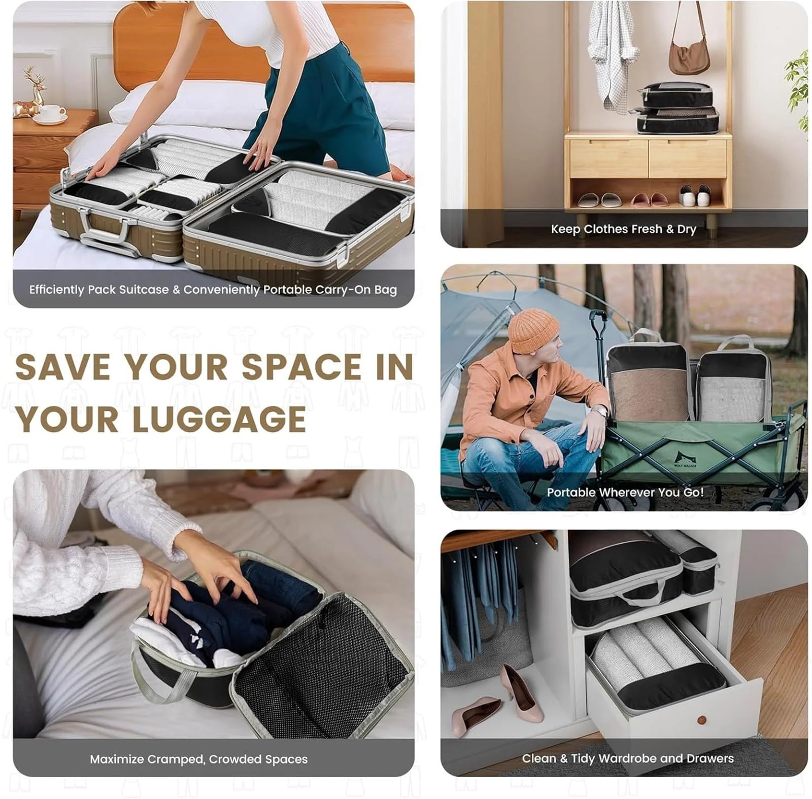 Organizer Valigia,Packing Cubes Set di 6 cubi da Viaggio compressi, Organizer for riporre Oggetti, con Borsa for Scarpe, in Rete, Portatile e Leggero.(Black)
