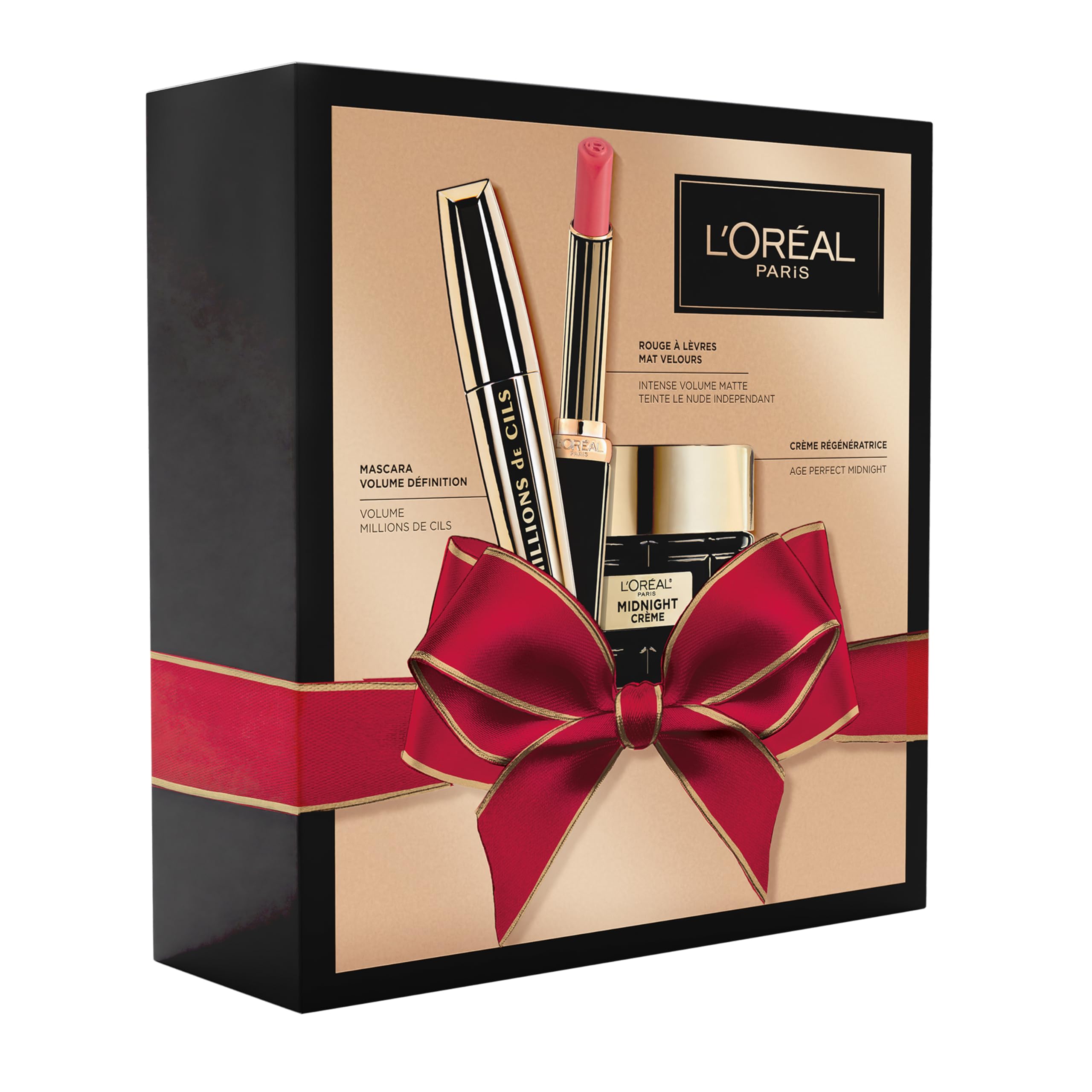 L'Oréal Paris - Coffret Cadeau de Noël - 3 Produits - Crème Anti-Rides, Mascara Volume Millions, Rouge à Lèvres Mat