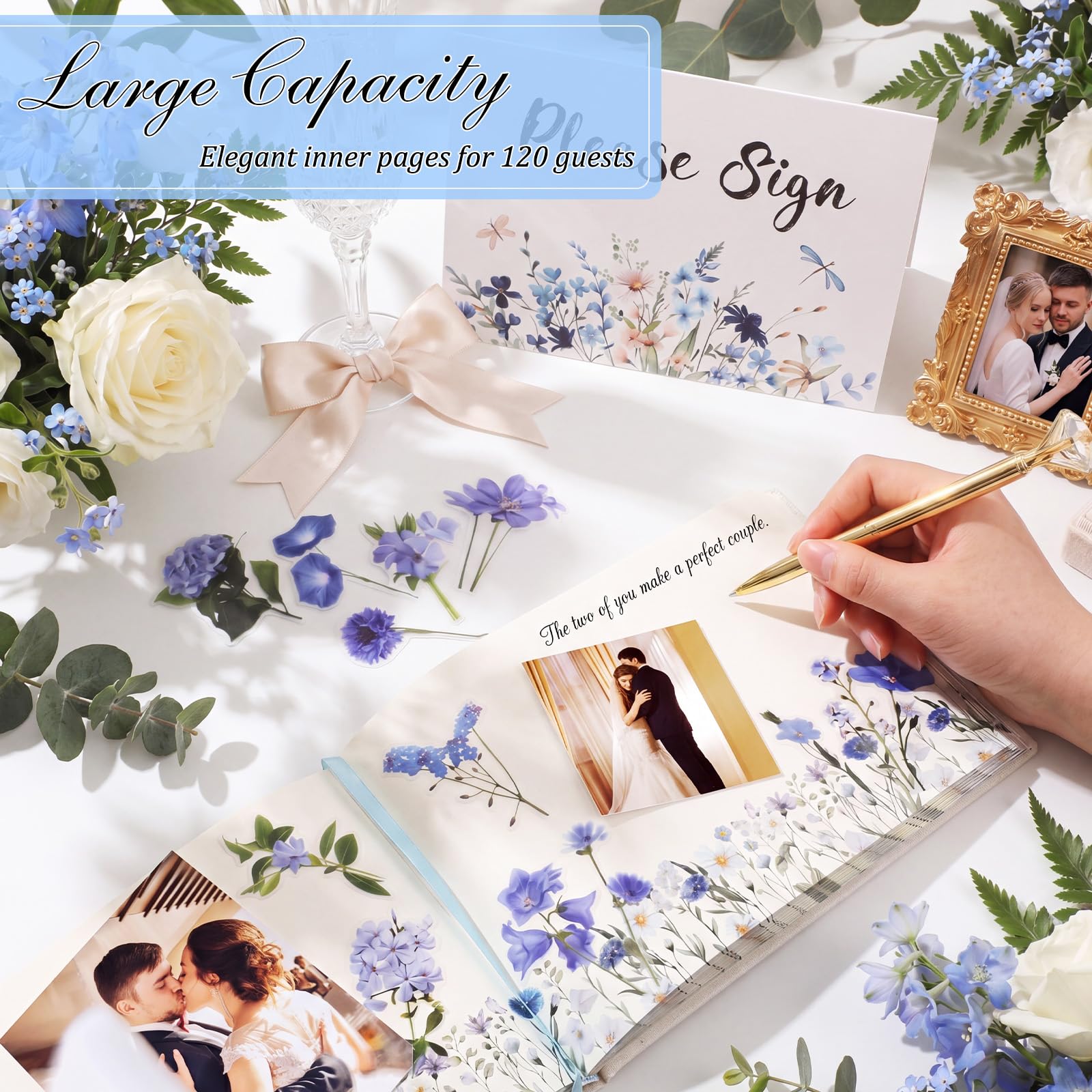 Ctosree Hochzeits-Gästebuch mit Stiften Wildblumen, besticktes Stoff-Fotoalbum, Hardcover, Gästebuch, Hochzeitsempfang für Babyparty, Party, Brautparty (Blau, 21,6 x 15,2 cm)