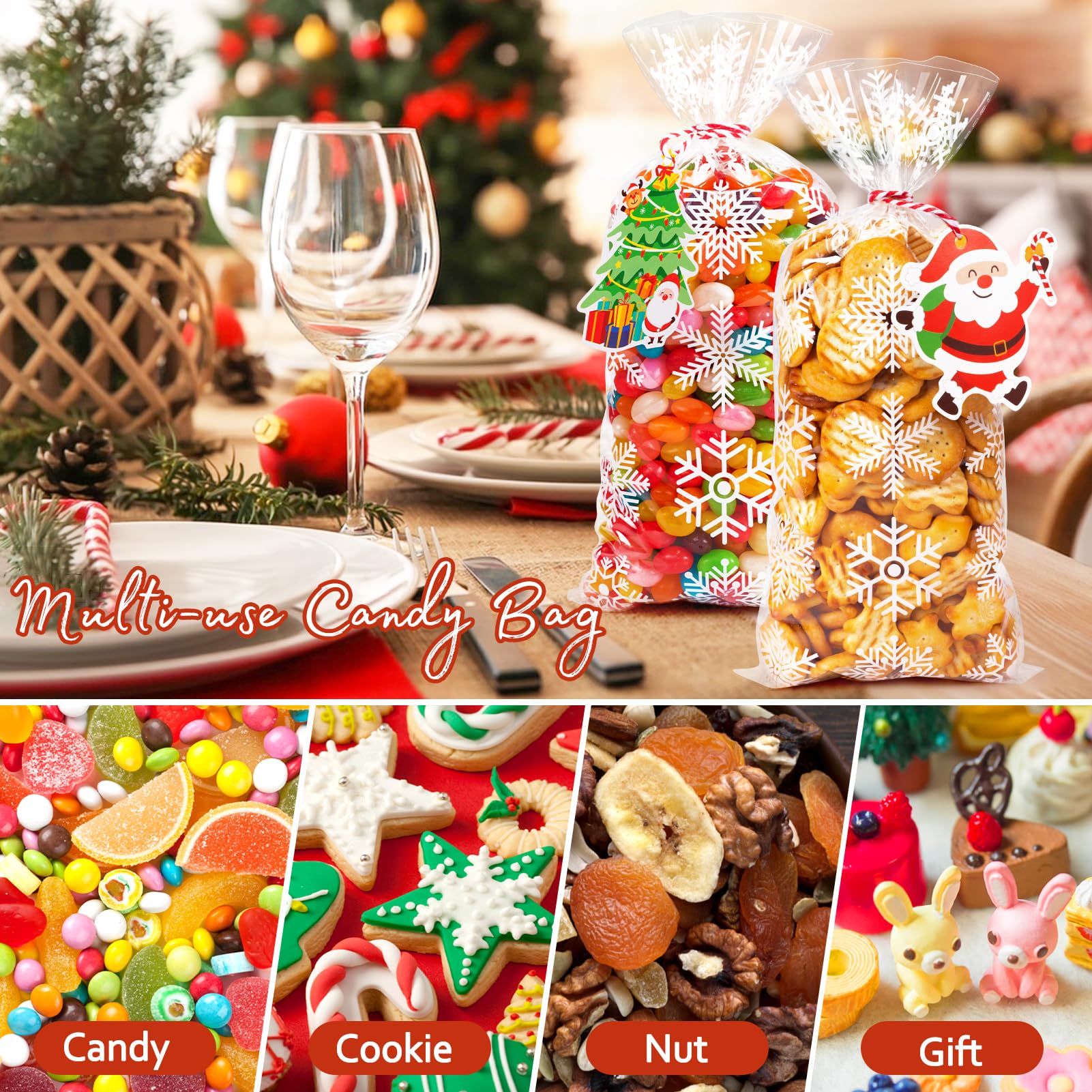 Sacs à Bonbons De Noël En Cellophane - 100 Sachets Transparents Avec Attaches Torsadées - Motifs Flocons, Sapins, Bonhommes De Neige