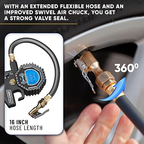 Miniatura 3 de Medidor digital de presión de neumáticos con inflador (3-200 PSI), portabrocas de aire de alta resistencia y accesorios de compresor con portabrocas