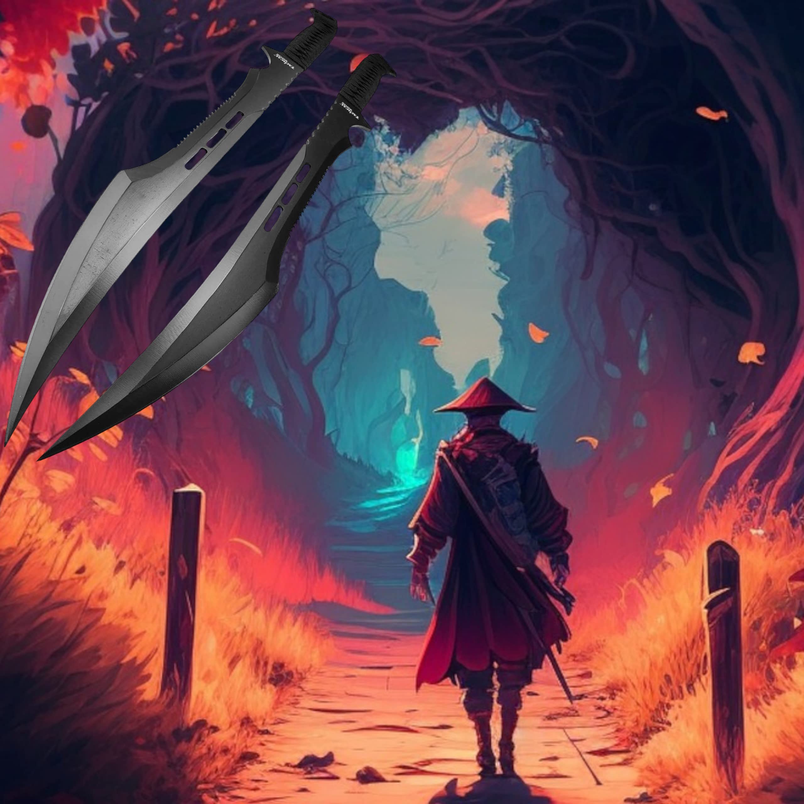 Zwei Macheten scharf echt EIN Satz 2 Katana Ninja Schwert scharf echt zum Training Metall Stahl 2 Schwerter in einem Samurai Nur für Erwachsene 68 cm - 18 Jahre erforderlich 103