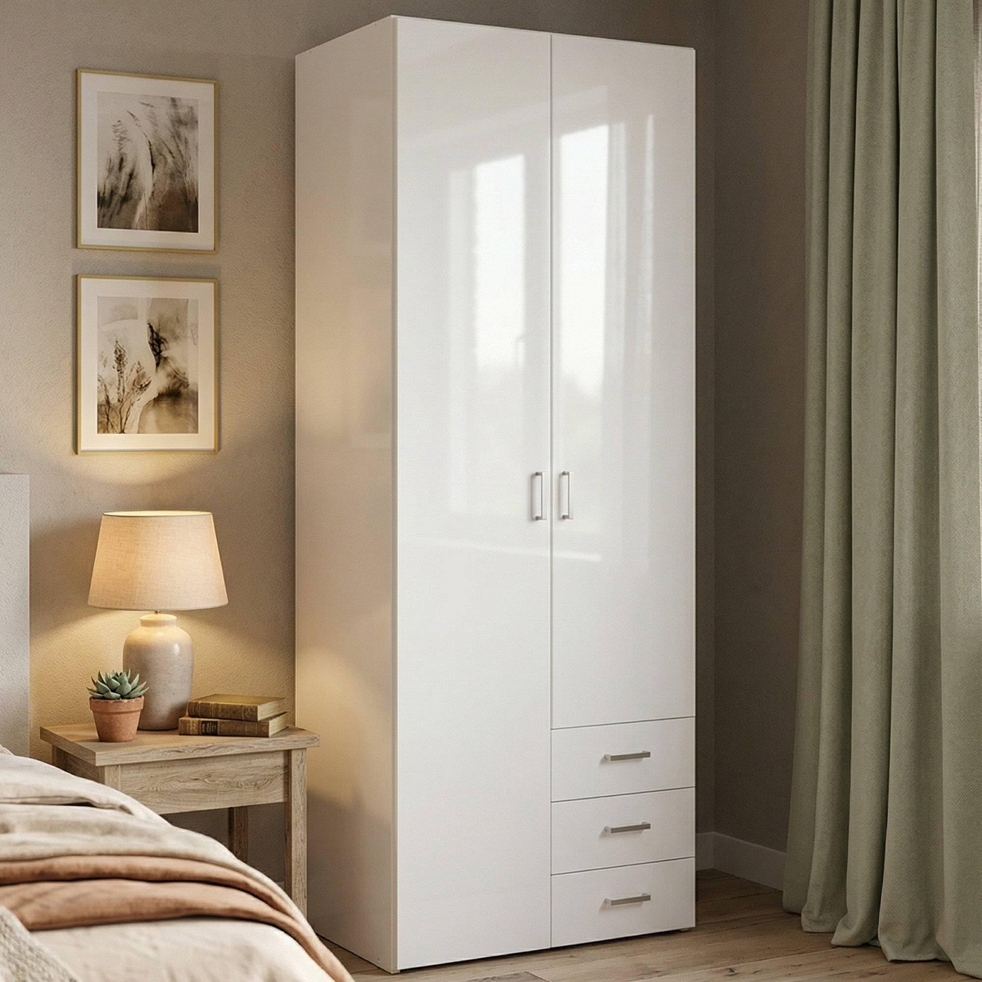 Dmora Guardaroba 2 Ante 49.5x200.4h cm Bianco Bianco Lucido Appendiabiti 2 Ante, Armadio Camera da Letto 6 Vani