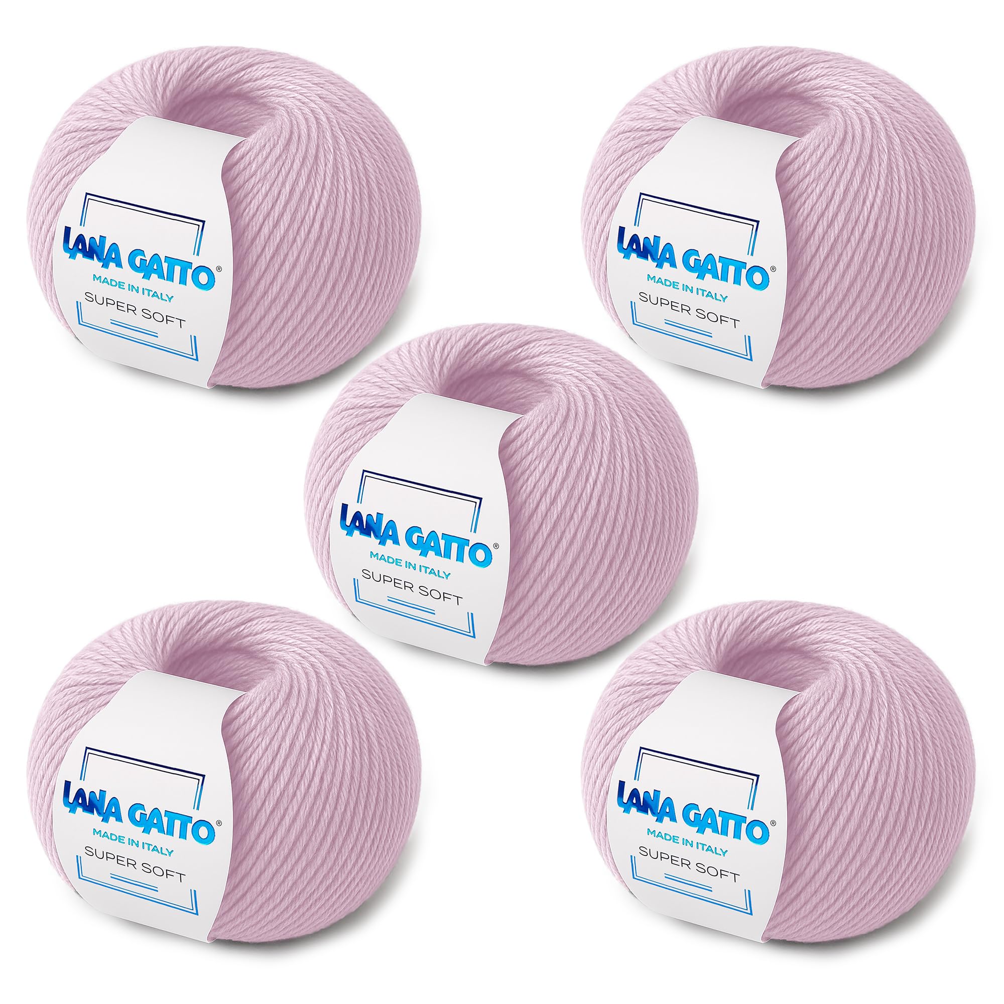 Ovillos para tricotar, 100% Pura Lana Virgen Merino Extrafina de Lana Gatto, Made in Italy. Línea Super Soft, 250 g. 625 mt, (Rosa, 5)