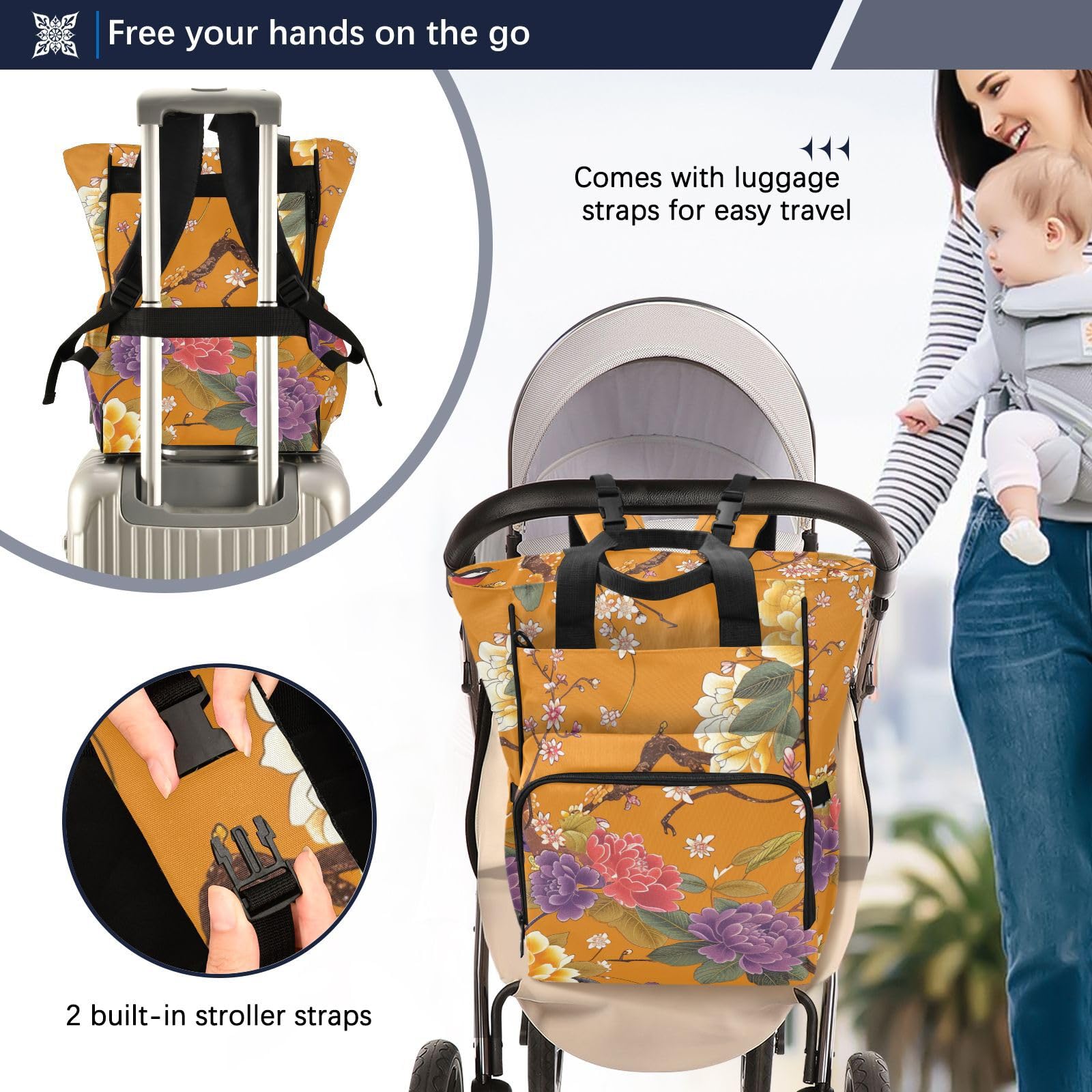 Baby Essentials torba na pieluchy pomarańczowe kwiaty i ptaki
