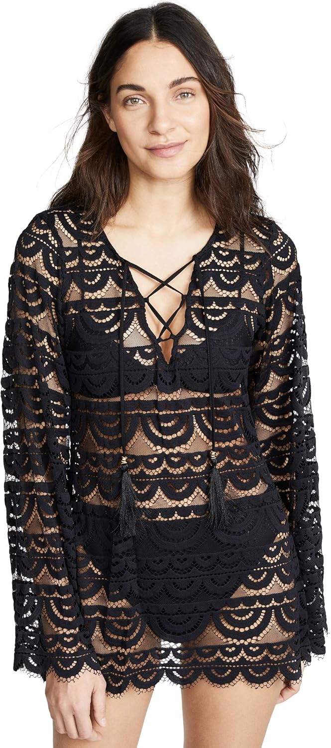 PQ Swim Women's Noah Black Gold Tunic Cover-Up - Scalloped Hem, Lace Up Front Tie