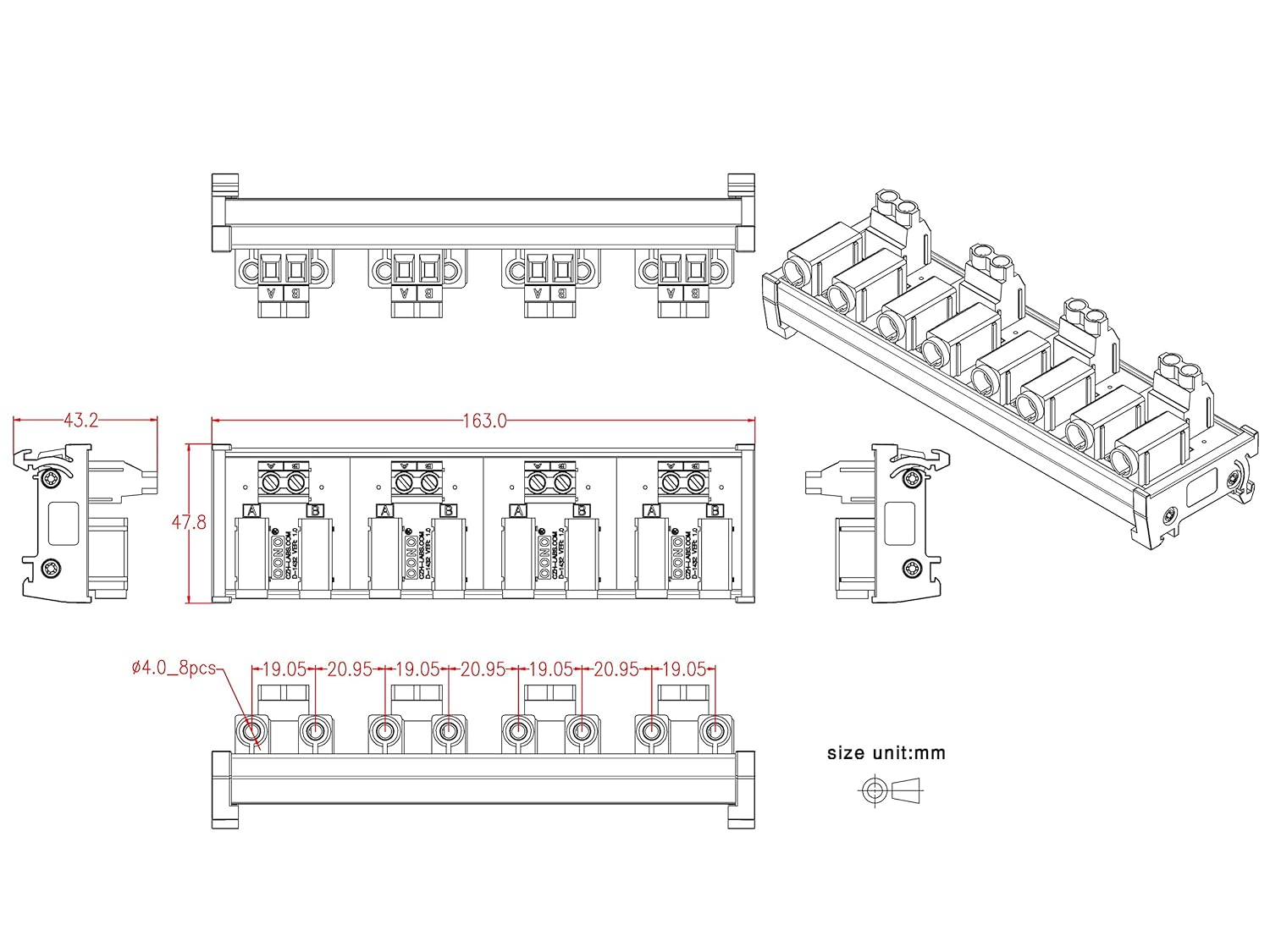 Banana Jack Breakout Board Module (4x2 Positions, DIN Rail Mount)