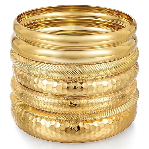 YEEZII Gold Bangle Bracelets for Women, 7Pcs 14K Gold Plated Boho Indian Multi Stackable Textured Bracelets, Chunky Bangles Set for Women Jewelry Gifts
