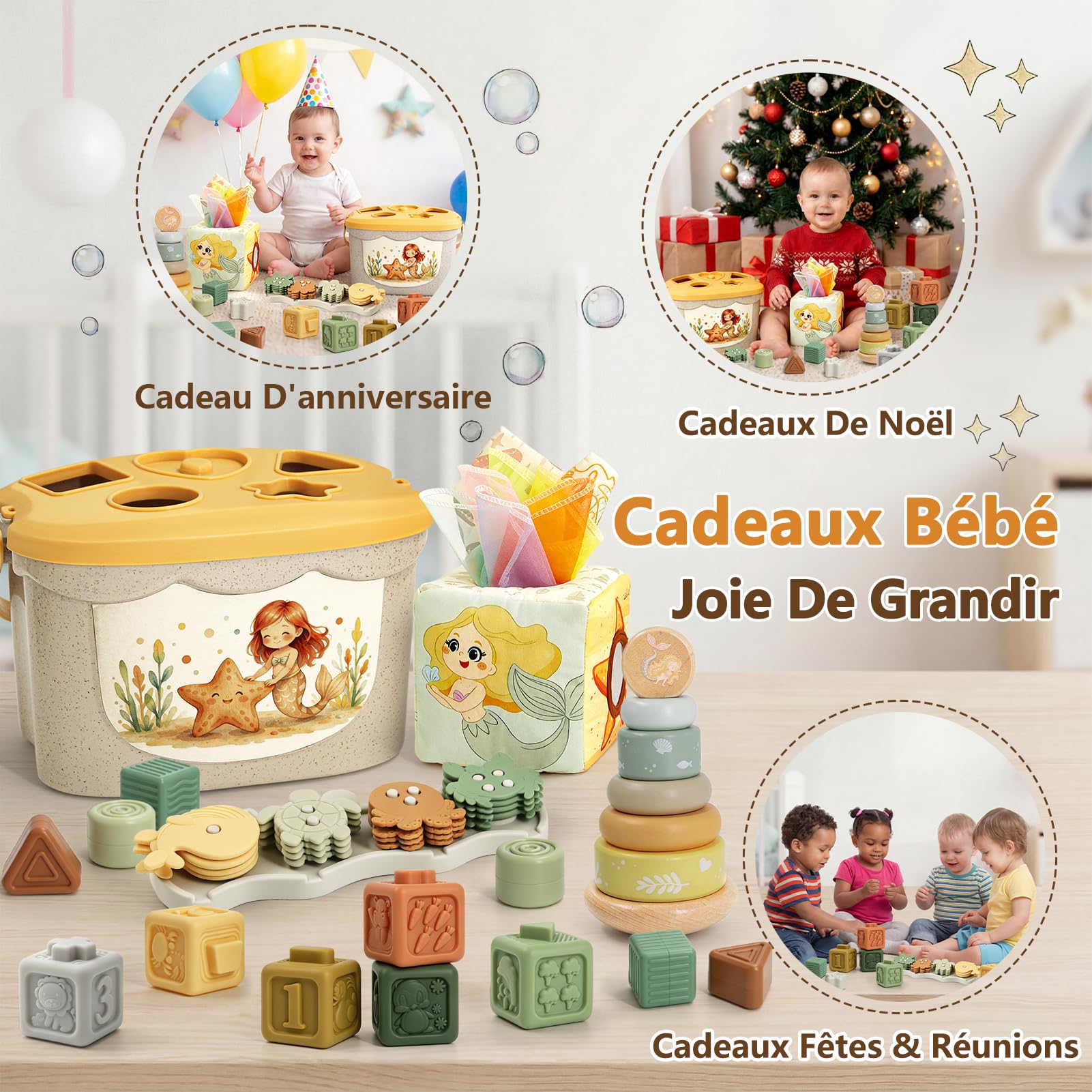 Jouet Bebe 6 Mois, 5 en 1 Jeux Éveil Bébé 6-12 Mois, montessori 6 8 9 mois | Cube Empilables & Tri des Formes, Boîte à Mouchoirs, Jeux Sensoriels 6-24 Mois, Cadeau Anniversaire & Noël Bébé Fille