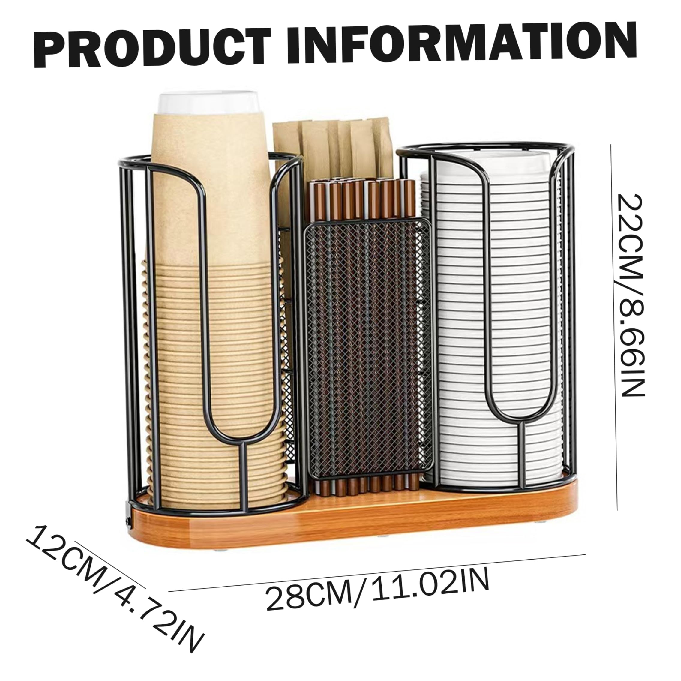 Dispenser per tazze da banco, coperchio con base in legno naturale a 3 scomparti, compatto
