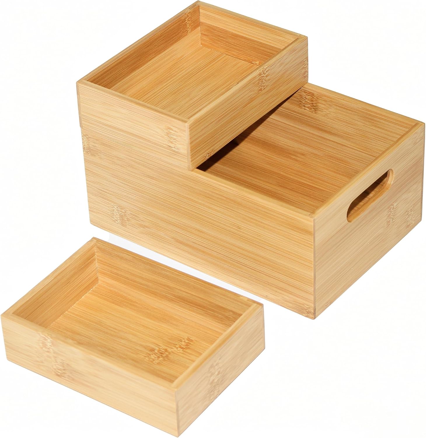 3 Pack Bamboo Storage Box with Handle, Wooden Organizer Bins